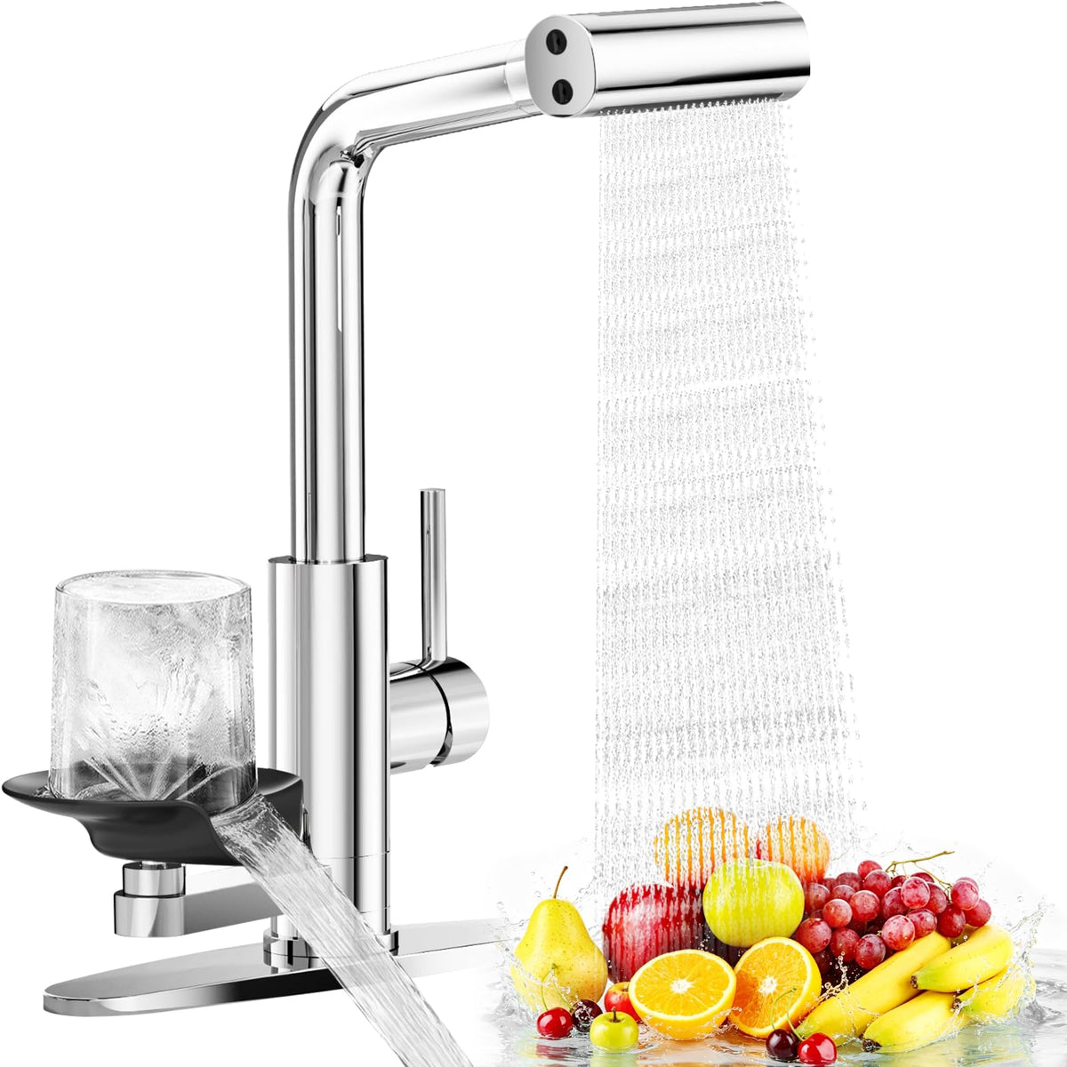 MIAOHUI Brushed Nickel Kitchen Faucet with Glass Rinser, 4 Modes