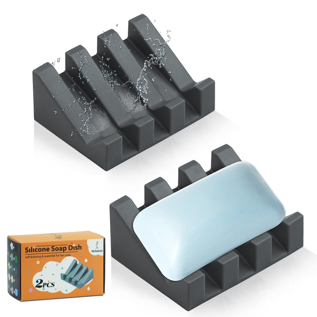 Self Draining Silicone Soap Dish Holder Waterfall Tray, 2 Pack Black