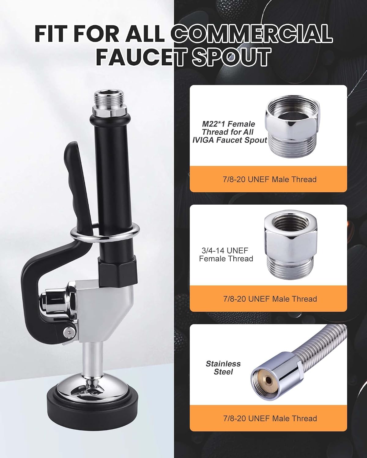 Commercial Sink Sprayer Valve with Hose: iVIGA 45" Flexible Stainless Steel Commercial Kitchen Spray Hose - 1.3 & 3.85 GPM High Pressure Pre Rinse Spray Nozzle - Black 7/8"-20UNEF Handle Assembly