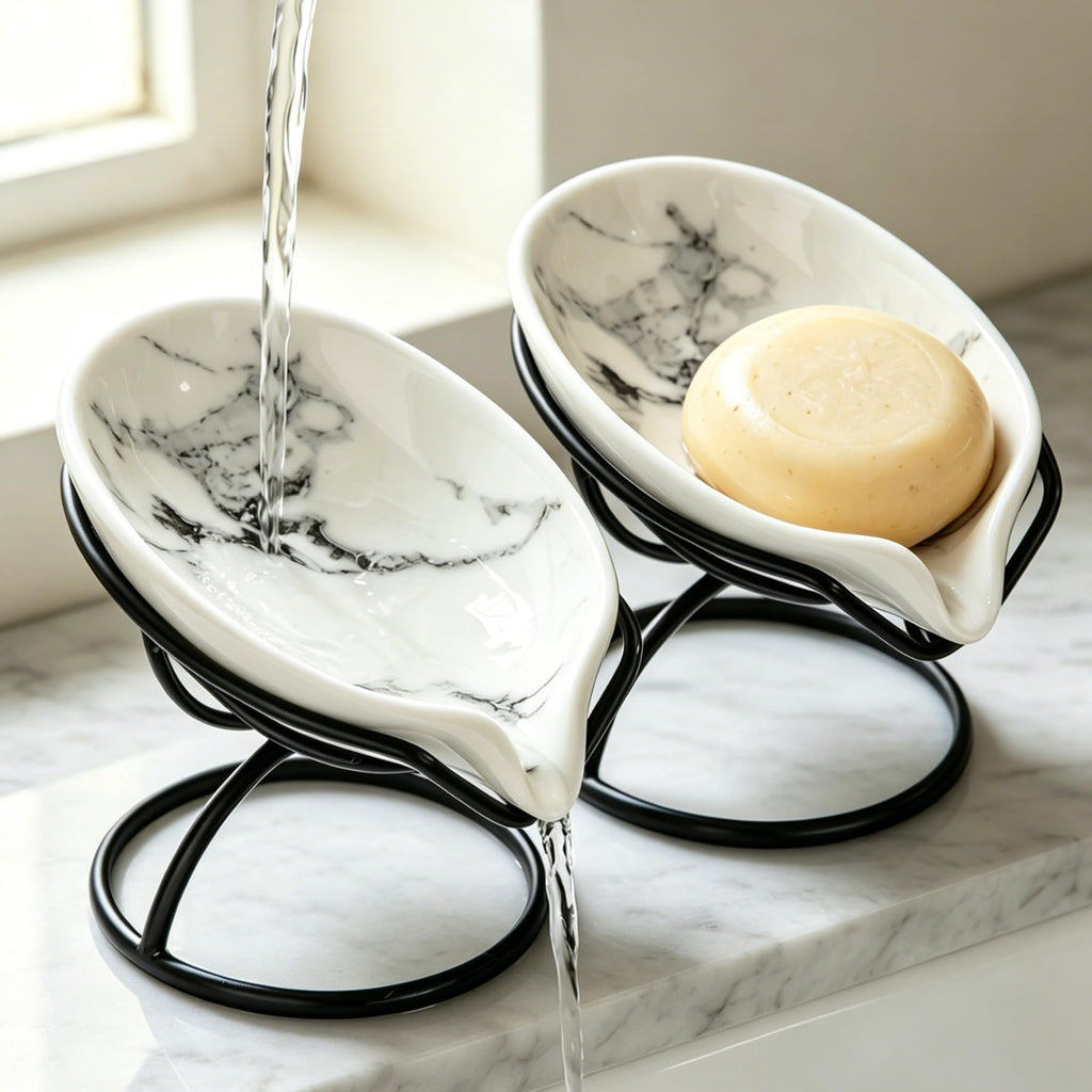 Dobbyby Leaf-Shaped Soap Dish – Ceramic Soap Bar Holder with Self-Drainage System – Bar Soap Holder for Shower, Bathroom Sink, Kitchen – Soap Dish with Stainless Steel Stand (White-Black-2 Pack)