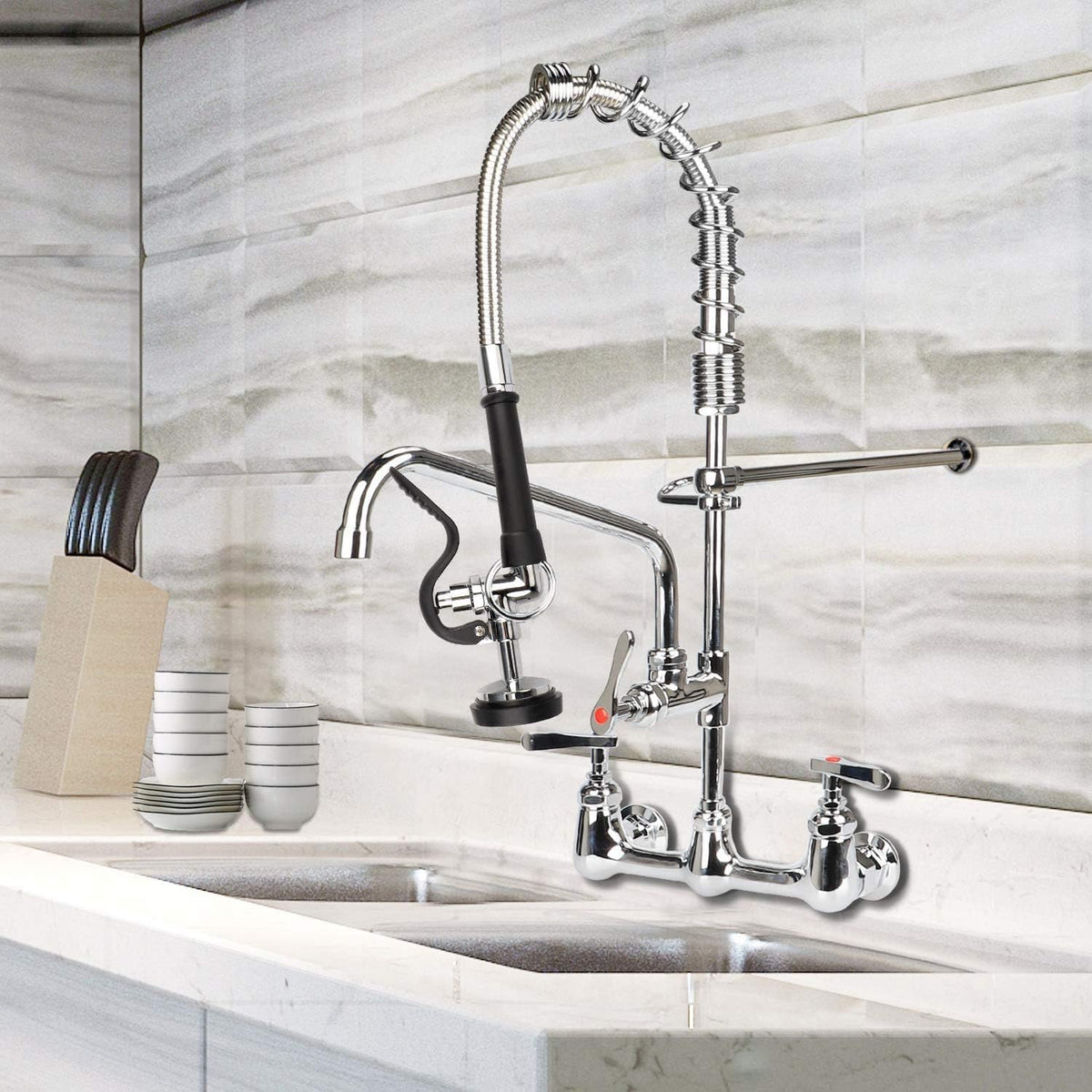 Pre-Rinse Hose with Spray Valve 44 Inch Flexible Stainless Hose with Sprayer Nozzle Head Replacement Kit for Commercial Kitchen Sink Faucet(Free Brass Adapter to Connect Add-on Swivel Spout)