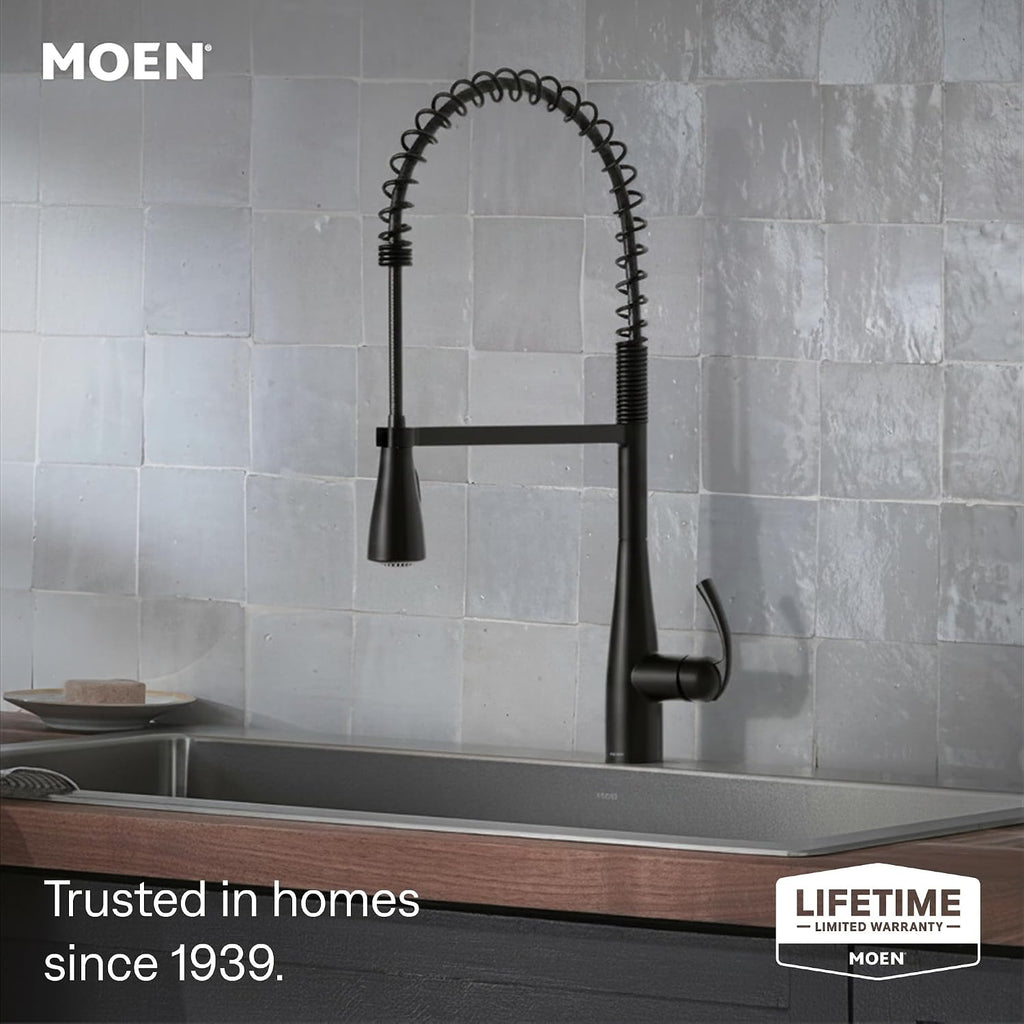 Moen Essie Matte Black One-Handle High Arc Pre-Rinse Spring Pulldown Kitchen Faucet with Power Clean, 87814BL