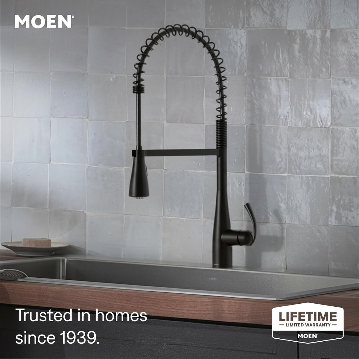Moen Essie Matte Black One-Handle High Arc Pre-Rinse Spring Pulldown Kitchen Faucet with Power Clean, 87814BL
