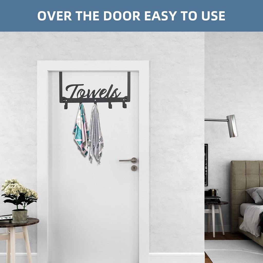 Azmoncy Over The Door Hooks, Towel Rack Towel Hooks for Bathroom, Towel Holder for Hanging Heavy Duty, Door Rack Over Door Hanger with 5 Coat Hooks for Bedroom Bathroom Kitchen, Black