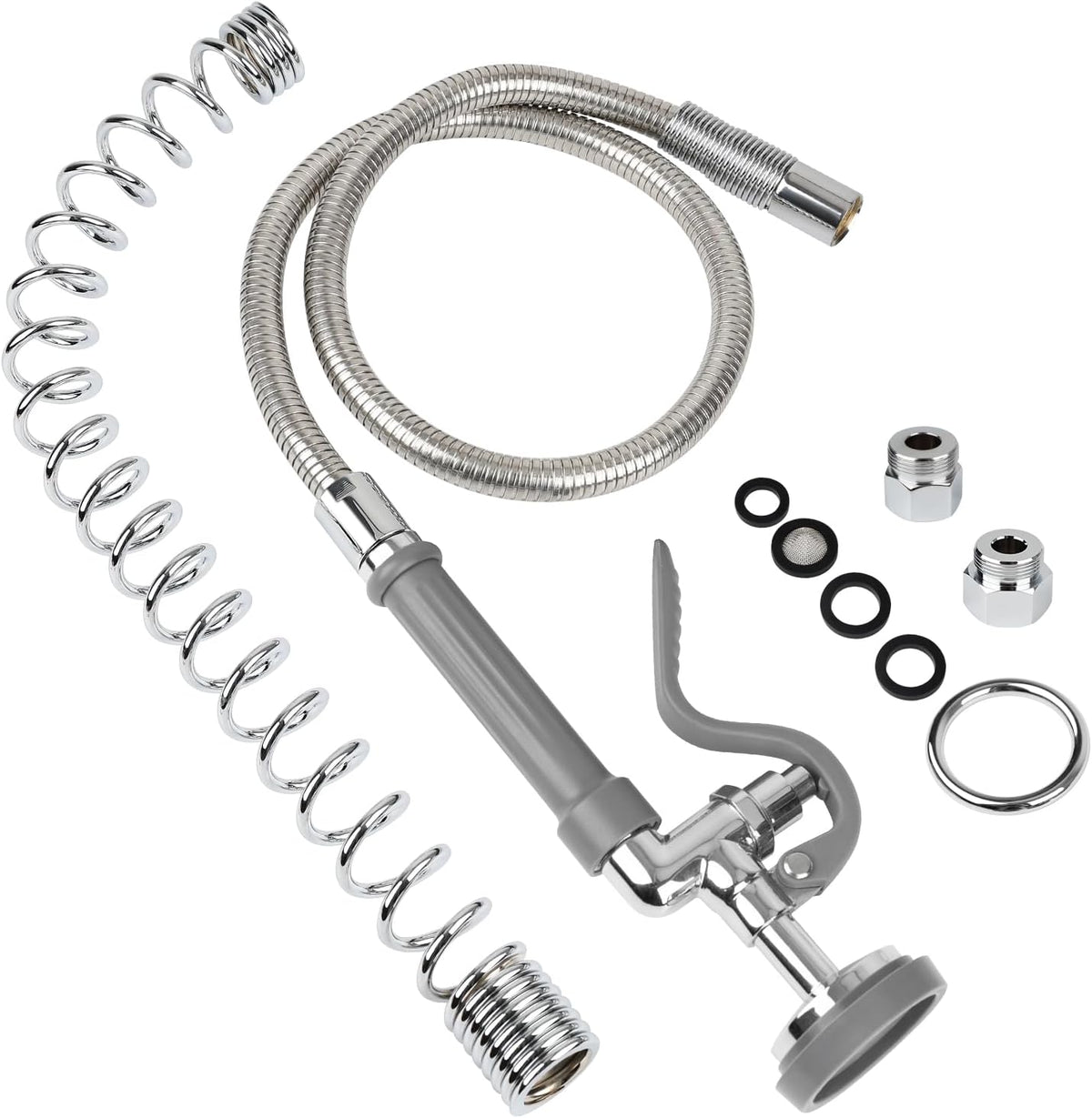 45” Stainless-Steel Pre Rinse Hose with Sprayer Valve & Spring, 1.42 GPM Commercial Sink Sprayer Hose with Nozzle Head Replacement Kit for Commercial Restaurant Kitchen Faucet - Grey