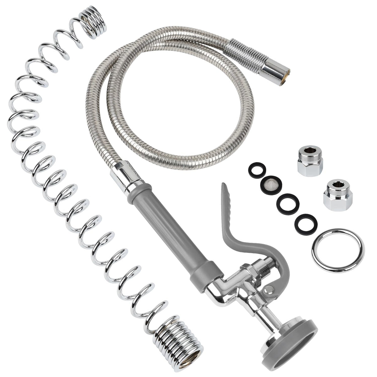 45” Stainless-Steel Pre Rinse Hose with Sprayer Valve & Spring, 1.42 GPM Commercial Sink Sprayer Hose with Nozzle Head Replacement Kit for Commercial Restaurant Kitchen Faucet - Grey