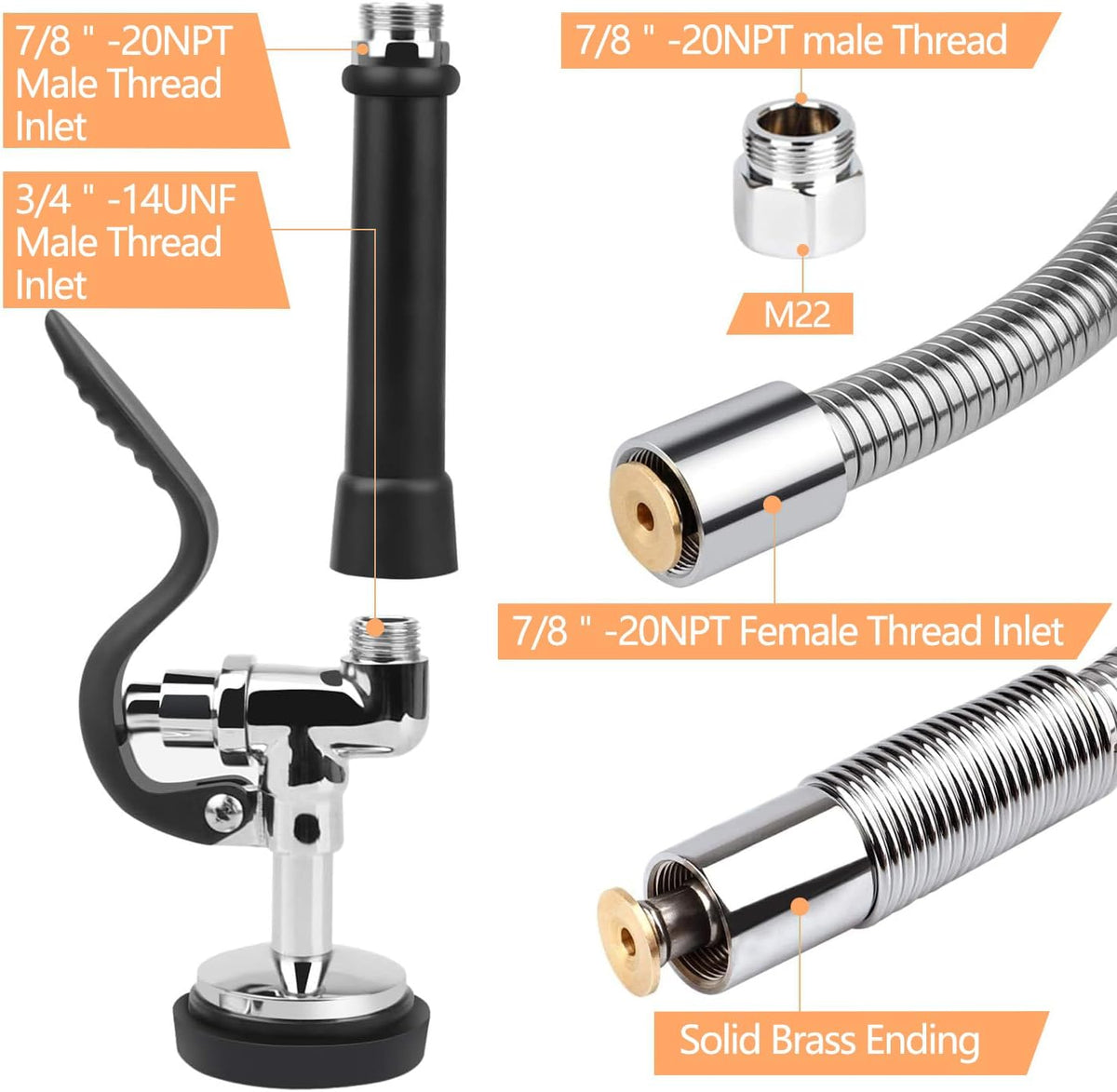 COOLWEST Commercial Pre-rinse Sprayer with Hose 38 Inch Flexible Stainless Hose with Spray Valve Head Replacement Kit for Wall Mount Commercial Kitchen Sink Faucet