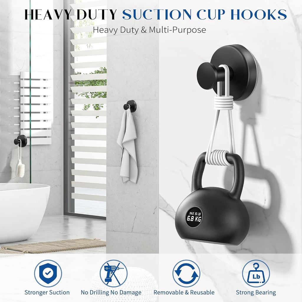 Suction Cup Hooks for Shower, 6 Pack Matte Black Suction Hooks