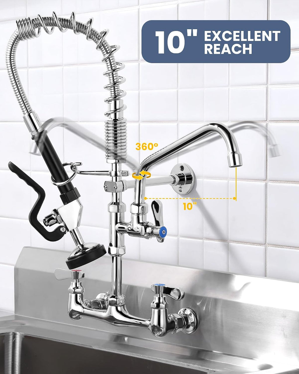 Commercial Kitchen Faucet Wall Mount with Pre-Rinse Sprayer 8 Inch Center Wall Mount Kitchen Sink Faucet with 9.6" Add-on Swing Spout 25" Height Faucet with Pull Down Spray