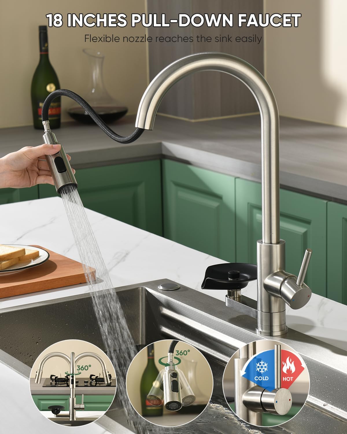 Kitchen Faucet with Cup Washer Pull Down Sprayer Stainless Steel Kitchen Sink Faucet with Deck Plate Glass Rinser Single Hole Brushed Nickel