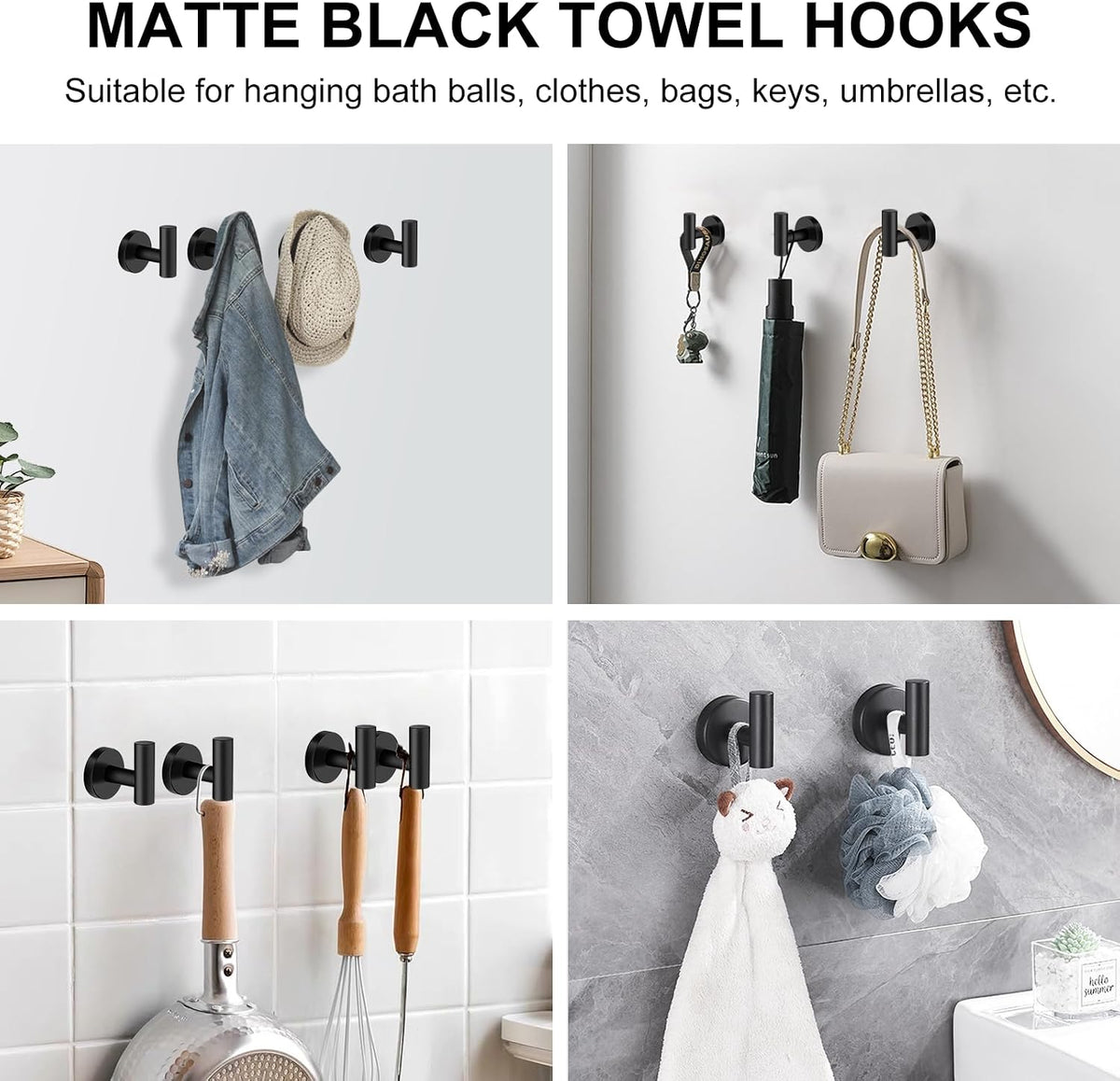 SetSail Towel Hooks for Bathrooms 4 Packs Screw-in Matte Black Bathroom Towel Hook Wall Mounted Stainless Steel Shower Towel Hooks for Coat Hanging, Drill Hole