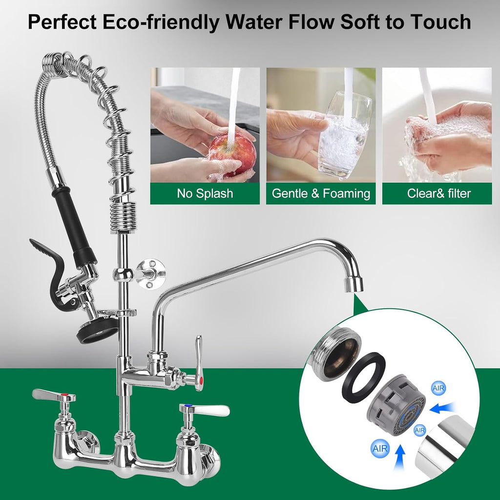 Commercial Kitchen Faucet Wall Mount with Pre Rinse Sprayer, 25" Height 8" Adjustable Center Wall Mount Restaurant Sink Faucet with 12" Swivel Add-on Spout and Pull Down Sprayer