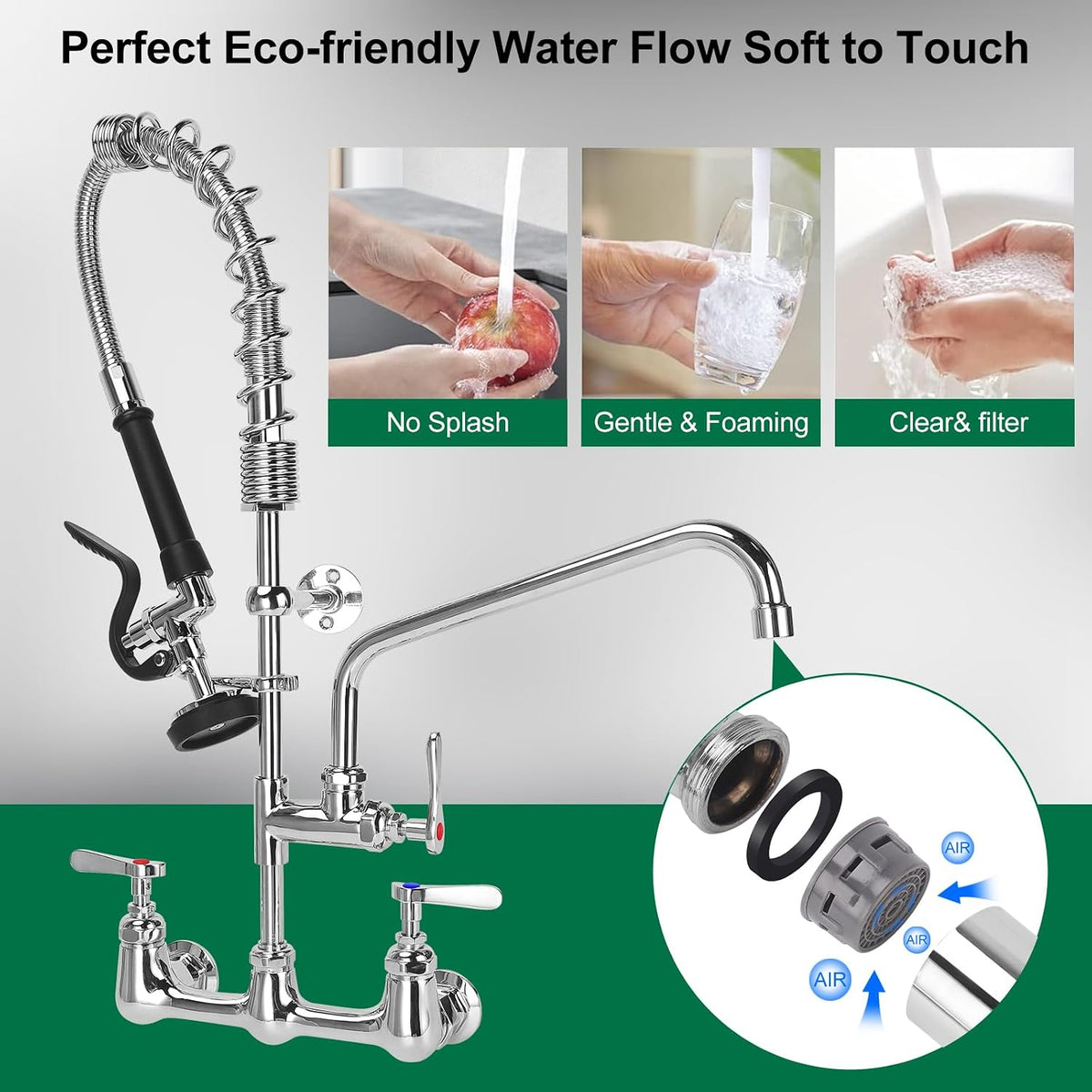 Commercial Kitchen Faucet Wall Mount with Pre Rinse Sprayer, 25" Height 8" Adjustable Center Wall Mount Restaurant Sink Faucet with 12" Swivel Add-on Spout and Pull Down Sprayer