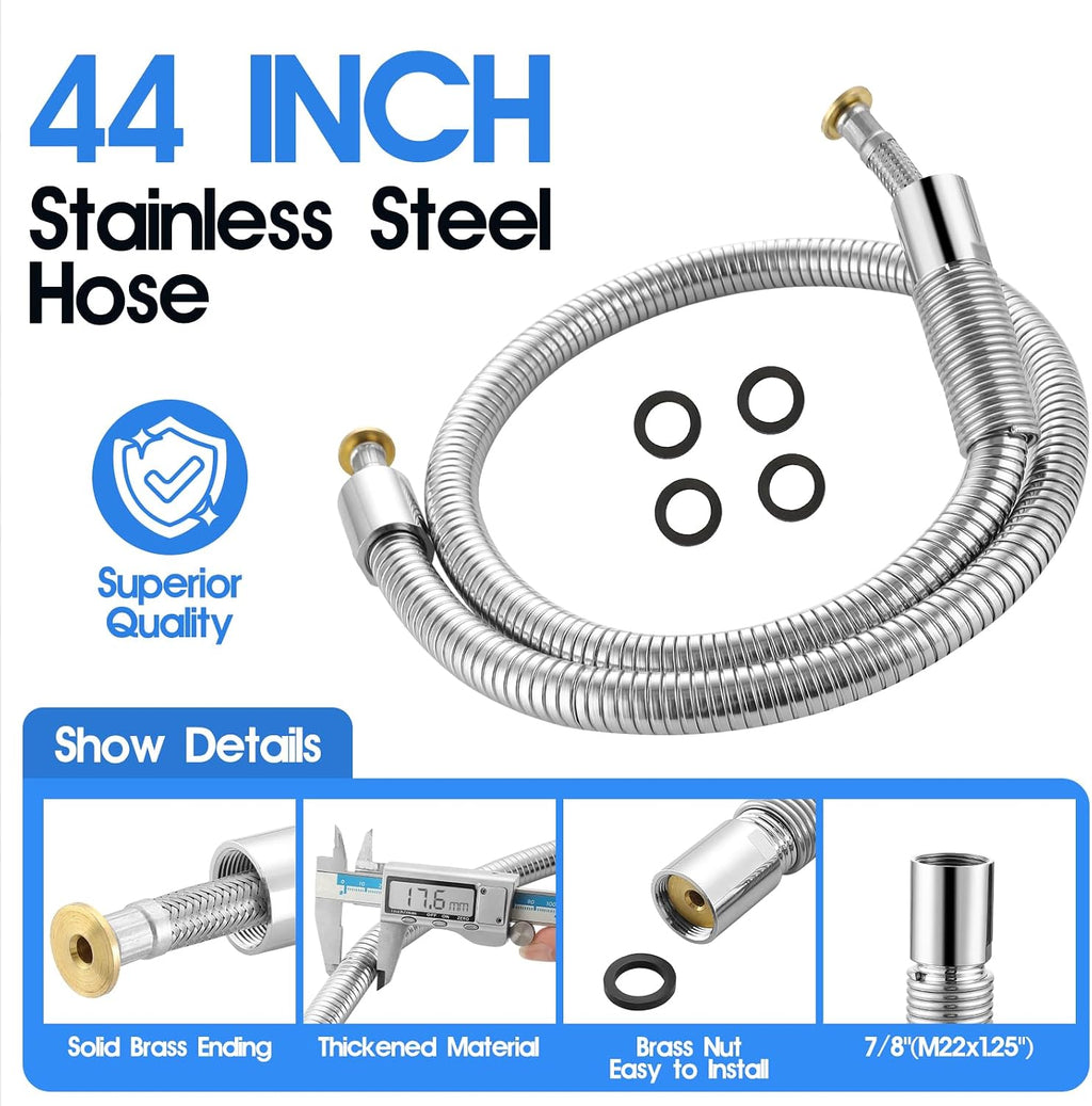 HWM Commercial Sink Sprayer with 44” Flexible Stainless Steel Pre Rinse Hose & Overhead Spring Replacement Kit for Commercial Kitchen Sink Faucets