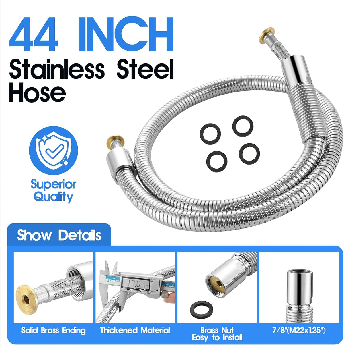 HWM Commercial Sink Sprayer with 44” Flexible Stainless Steel Pre Rinse Hose & Overhead Spring Replacement Kit for Commercial Kitchen Sink Faucets