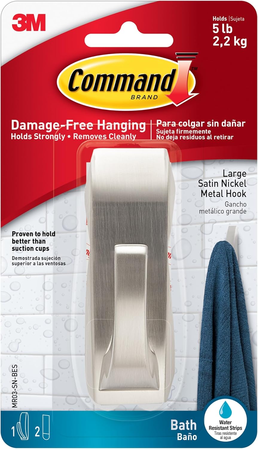 Command Large Satin Nickel Bath Hooks, 1 Hook, 2 Strips