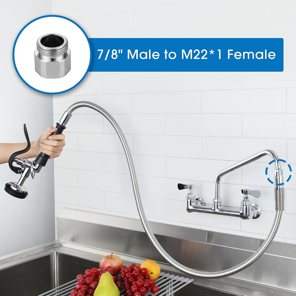 HWM Commercial Sink Sprayer Valve with 38” Flexible Stainless Steel Pre Rinse Hose & Overhead Spring Replacement Kit for Commercial Kitchen Sink Faucets