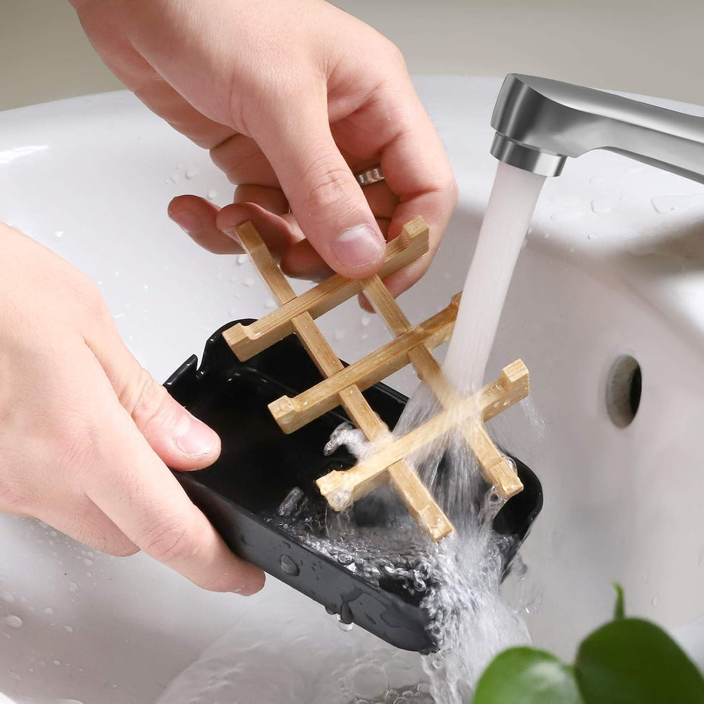 Bamboo Wooden Soap Dishes for Shower with Drainage for Bathroom Bar Soap Holder Soap Holder Sink Deck Bathtub Shower Tray (One Pieces Black)