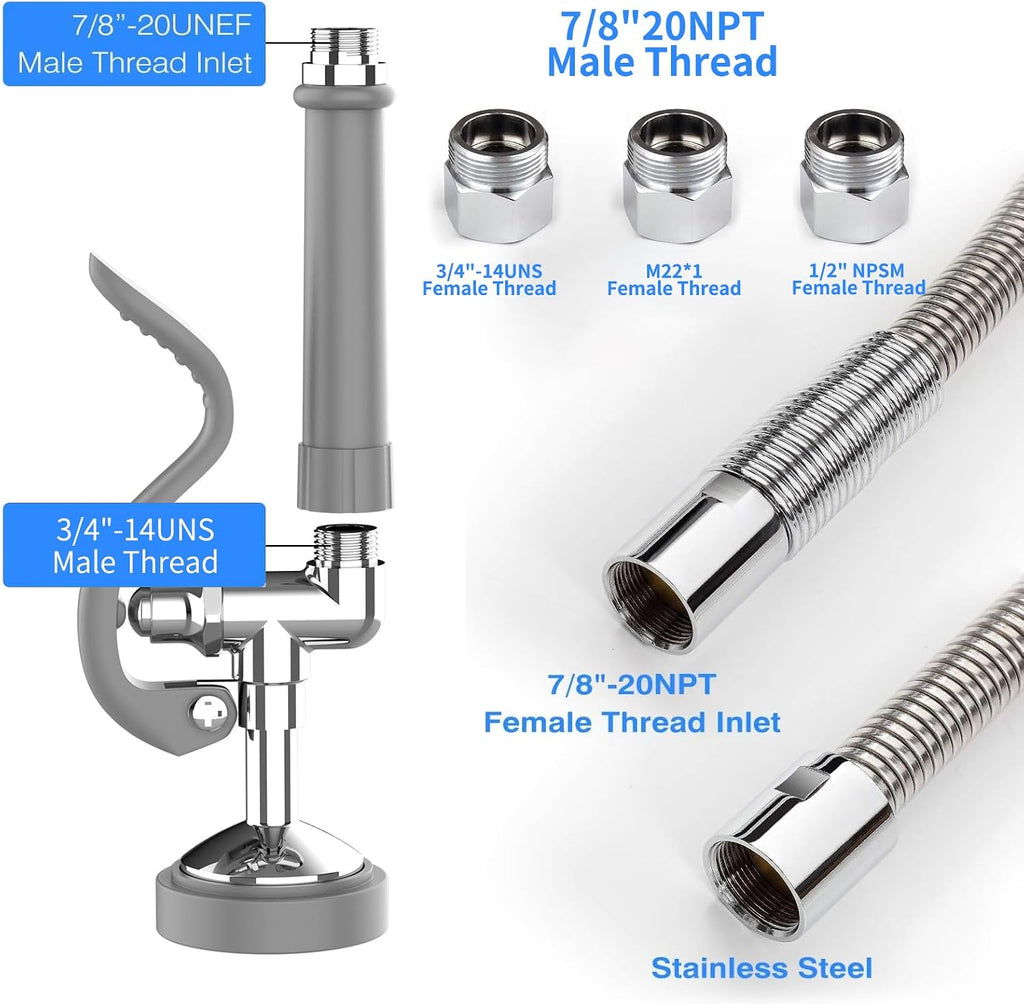 MSTJRY Spray Valve with 45" Pre Rinse Hose, Commercial Sink Sprayer Hose Pre Rinse Sprayer with Flexible Stainless Steel Hose Assembly for Commercial Kitchen Faucets(Grey, with 3 adapters)