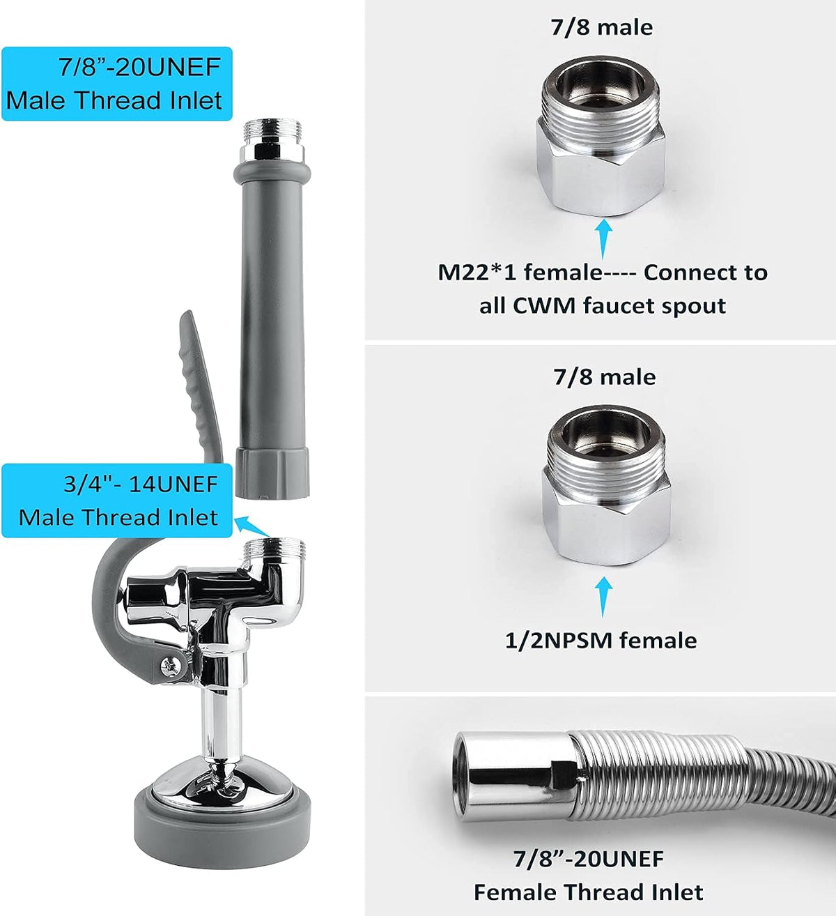 CWM Commercial Sink Sprayer with 45” Flexble Stainless Steel Hose, 1.42 GPM Pre Rinse Spray Valve with Ergonomic Handle, Commercial Sink Faucet Parts,Dishwasher Sprayer for Restaurants (Gray)