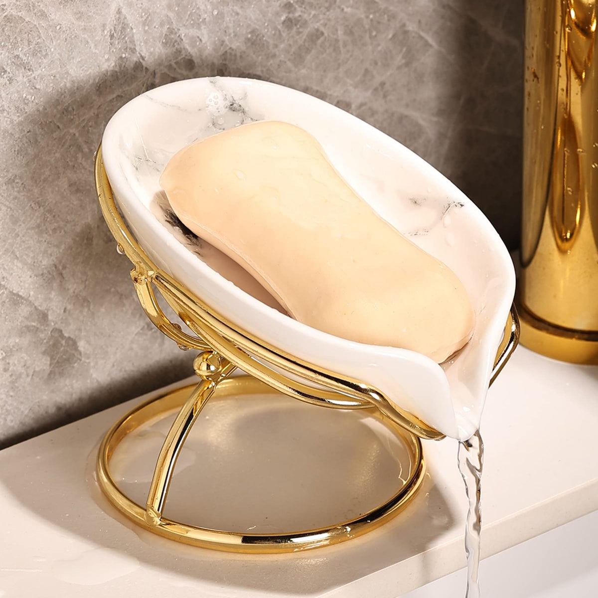Dobbyby Leaf-Shaped Soap Dish – Ceramic Soap Bar Holder with Self-Drainage System – Bar Soap Holder for Shower, Bathroom Sink, Kitchen – Soap Dish with Stainless Steel Stand (White-Black-2 Pack)