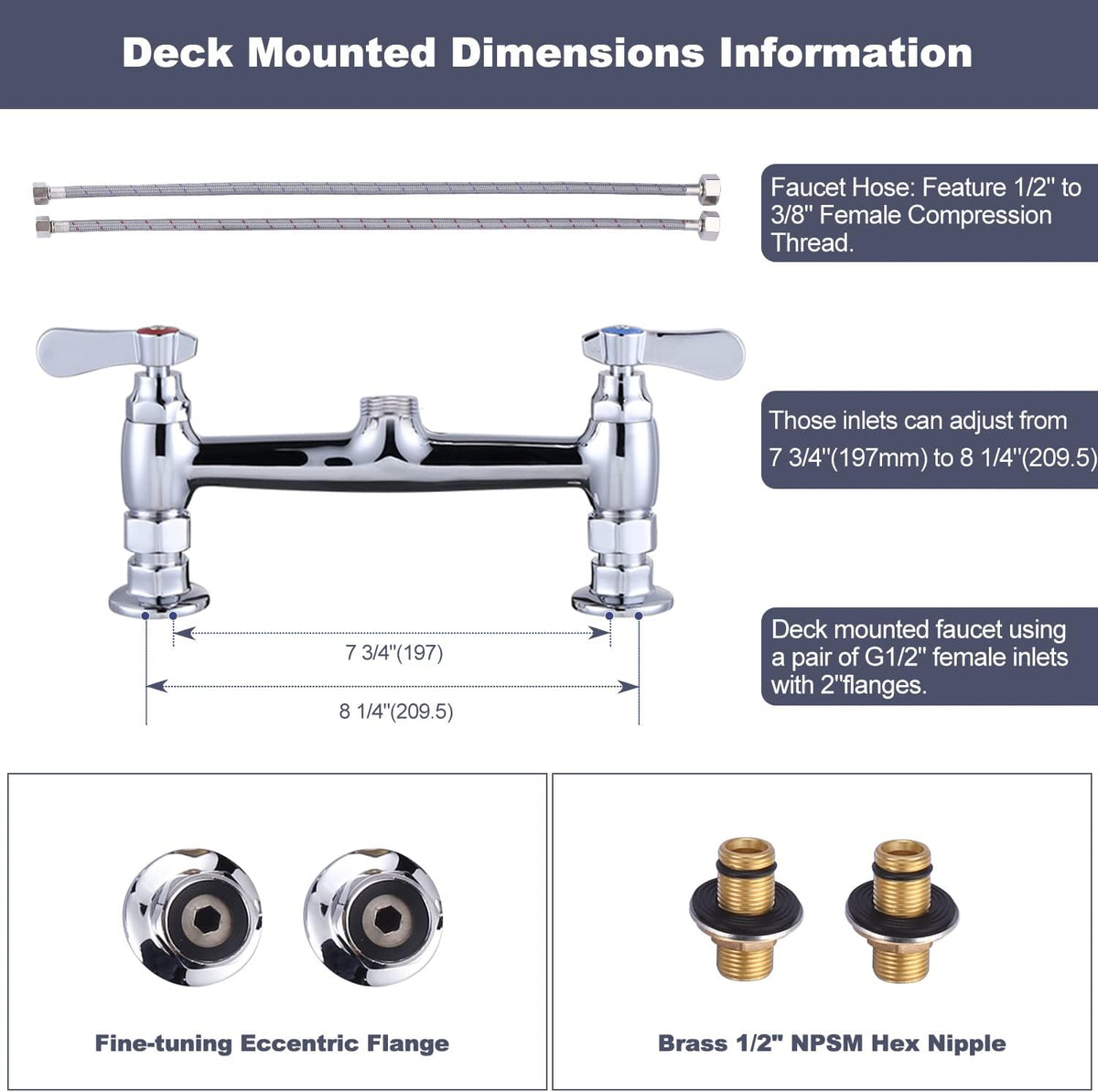 Commercial Kitchen Faucet Deck Mount with Pre-Rinse Sprayer 26" Height Kitchen Sink Faucet 8 Inch Center with 10" Add-on Swing Spout Faucet & Coiled Spring Pull Down Spray