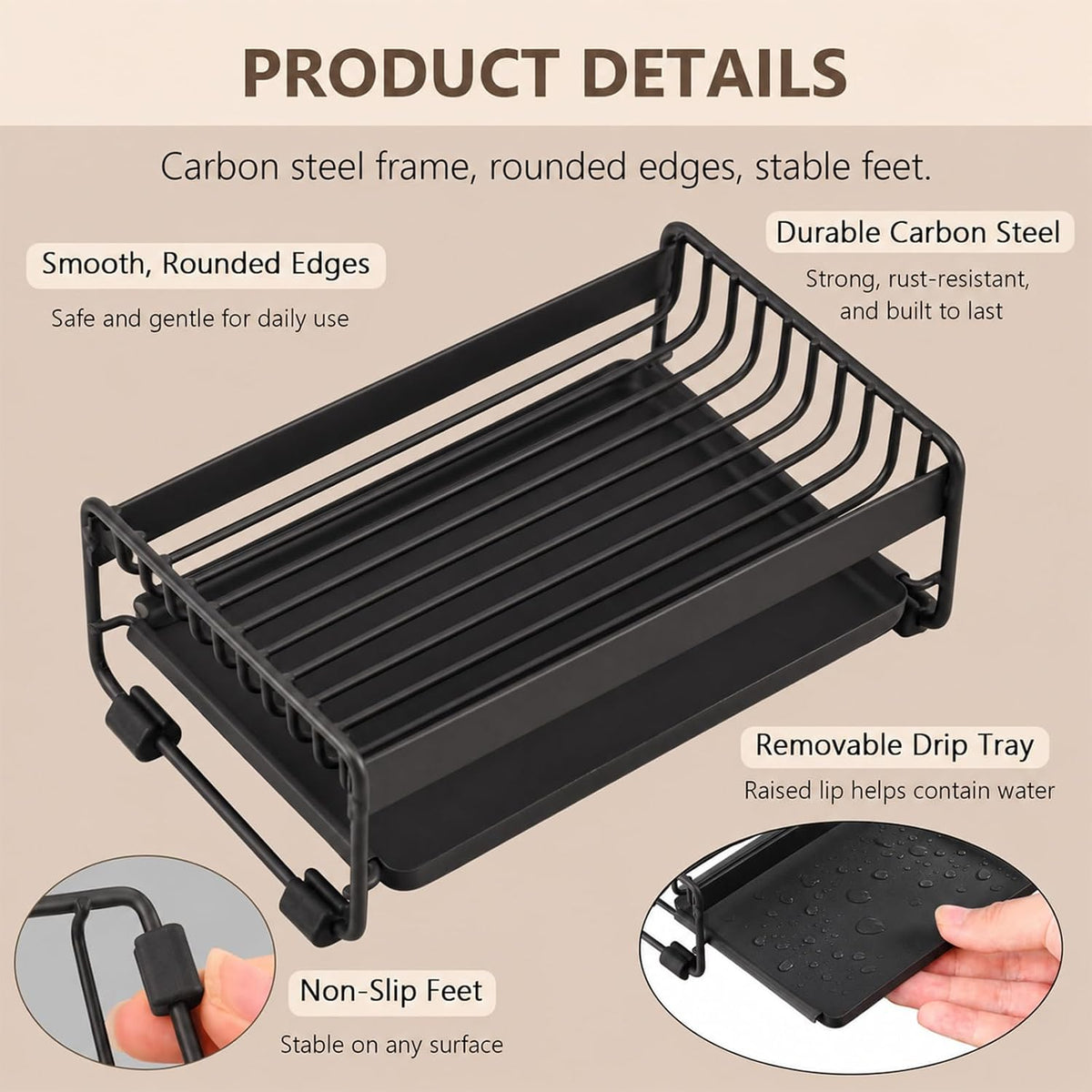 Soap Dish for Shower, Carbon Steel Bar Soap Holder with Water Tray, Soap Organizer for Bathroom, Kitchen Sink and Countertop(Black)