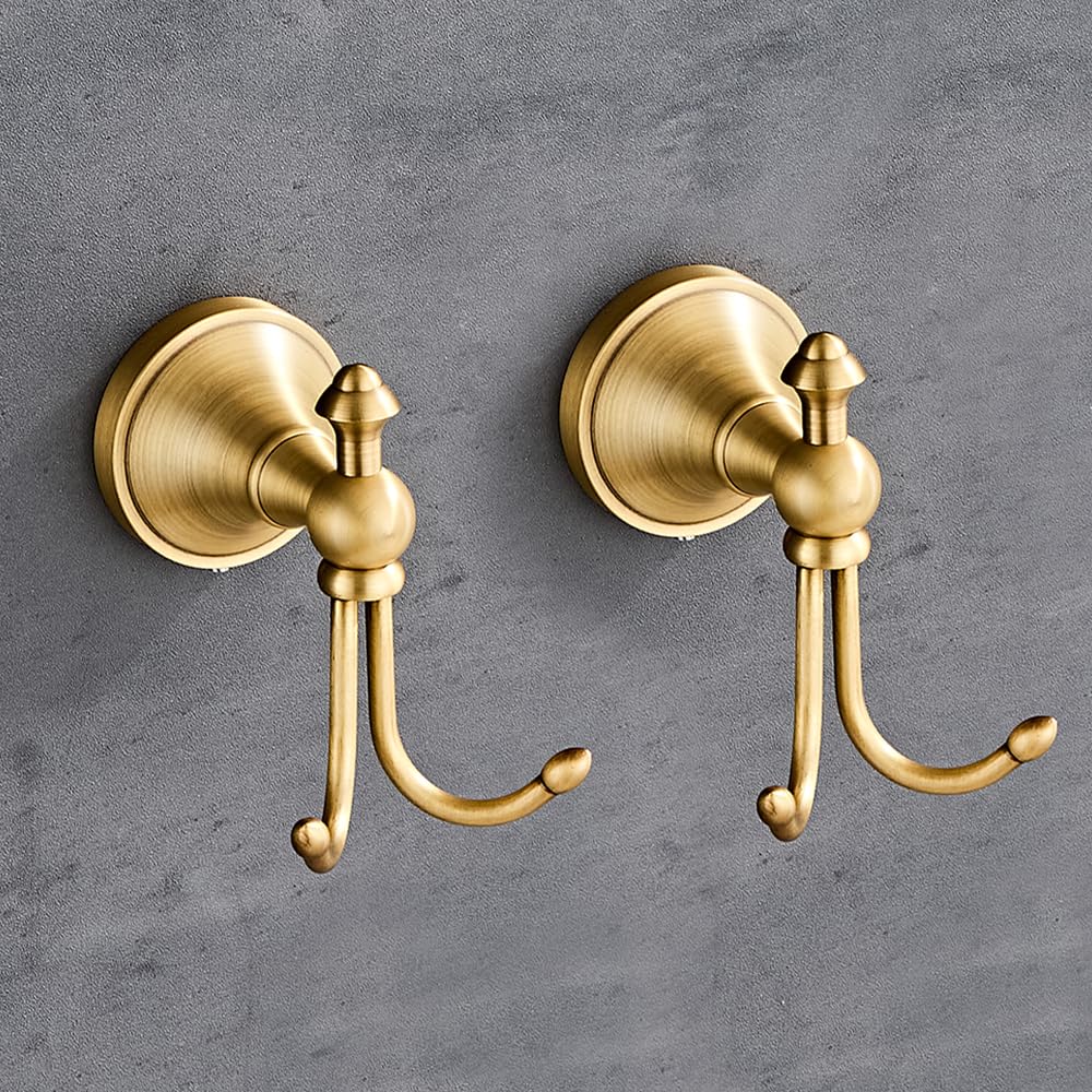 2 Pcs Pack Antique Brass Towel Hook Vintage Coat Hook with 2 Hooks Wall Mounted Robe Hooks for Bathrooms and Kitchen Bronze Hand Towel Hook Hanger with Brushed Gold Finish