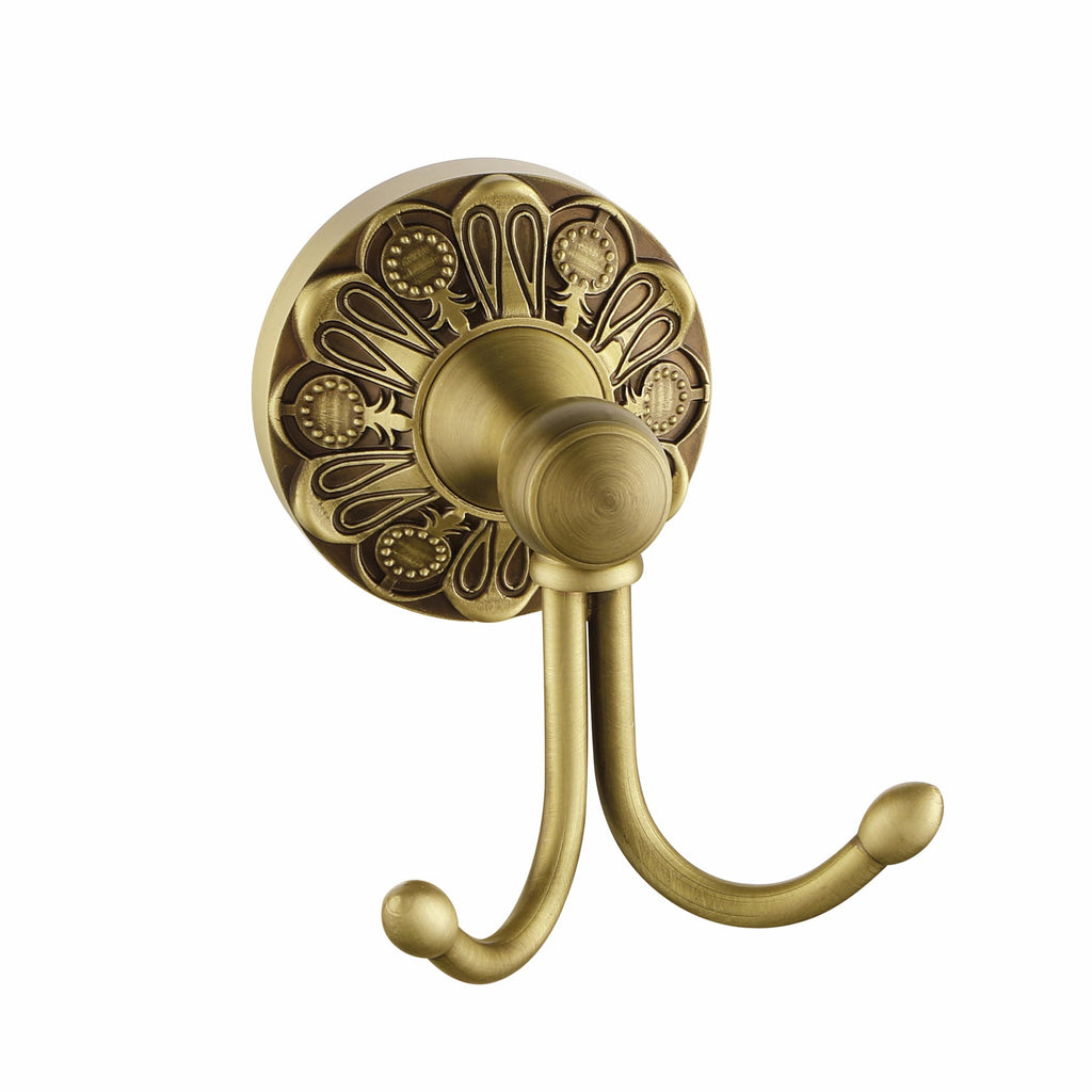 Antique Brass Towel Hook, Wall Mounted Bathroom Hook for Clothing & Robe Hanger, Screws Install Shower Wall Hook, Vintage Gold Brass Petal-Relief Series Longhorn Double Hook