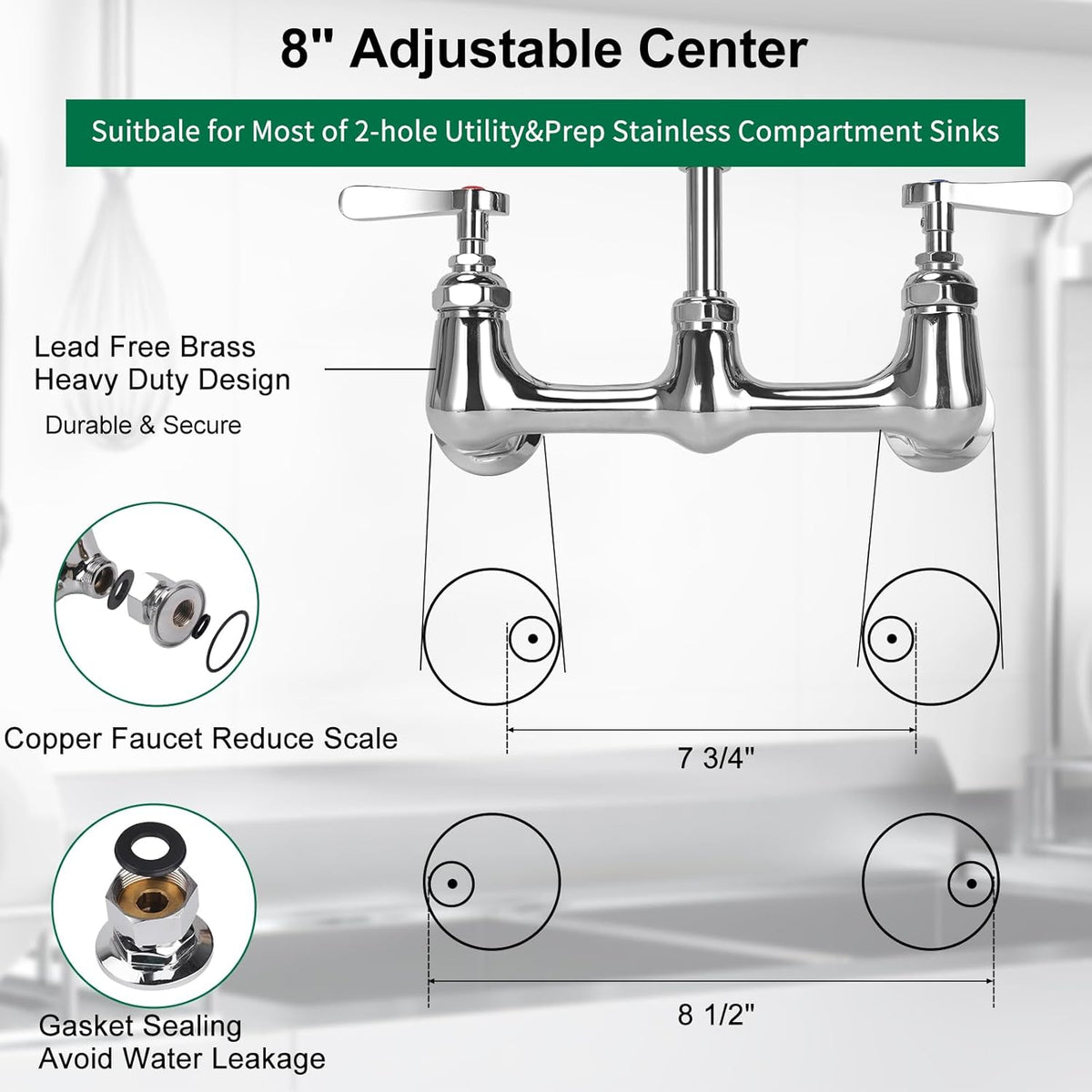 Commercial Kitchen Faucet Wall Mount with Pre Rinse Sprayer, 25" Height 8" Adjustable Center Wall Mount Restaurant Sink Faucet with 12" Swivel Add-on Spout and Pull Down Sprayer