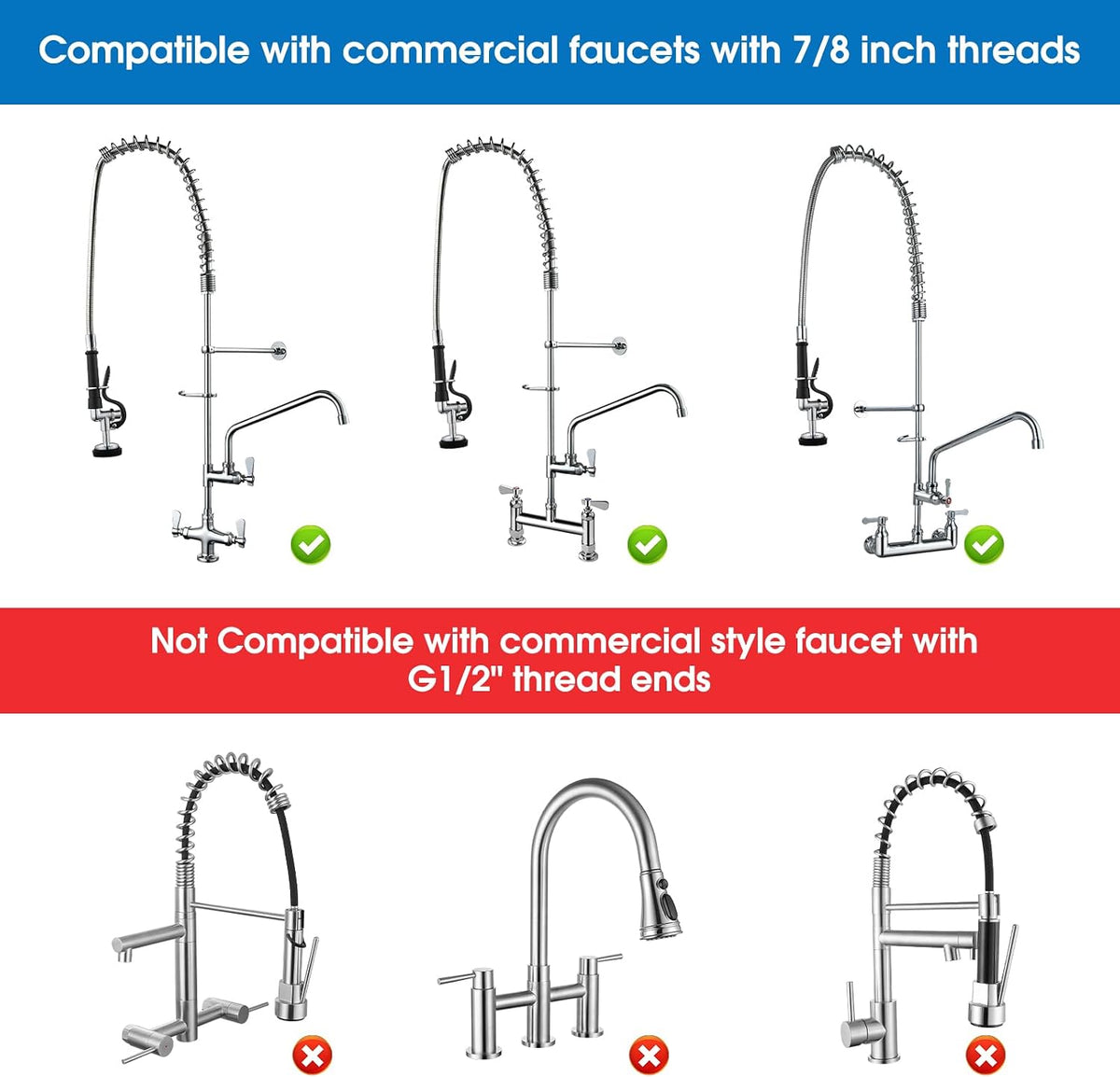 HWM Commercial Sink Sprayer with 45” Flexible Stainless Steel Pre Rinse Hose & Overhead Spring Replacement Kit for Commercial Kitchen Sink Faucets