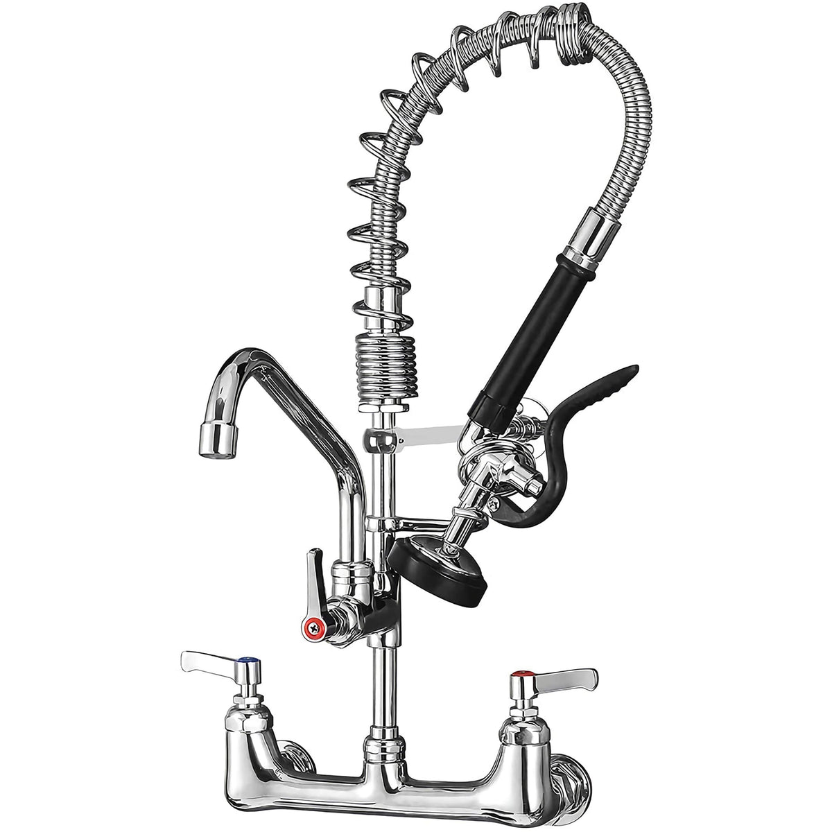 Commercial Wall Mount Kitchen Sink Faucet Brass Constructed Polished Chrome Pre-Rinse Device 25" Height 8" Center with Spring Pull Down Sprayer and 12" Add-on Spout (25 inches)