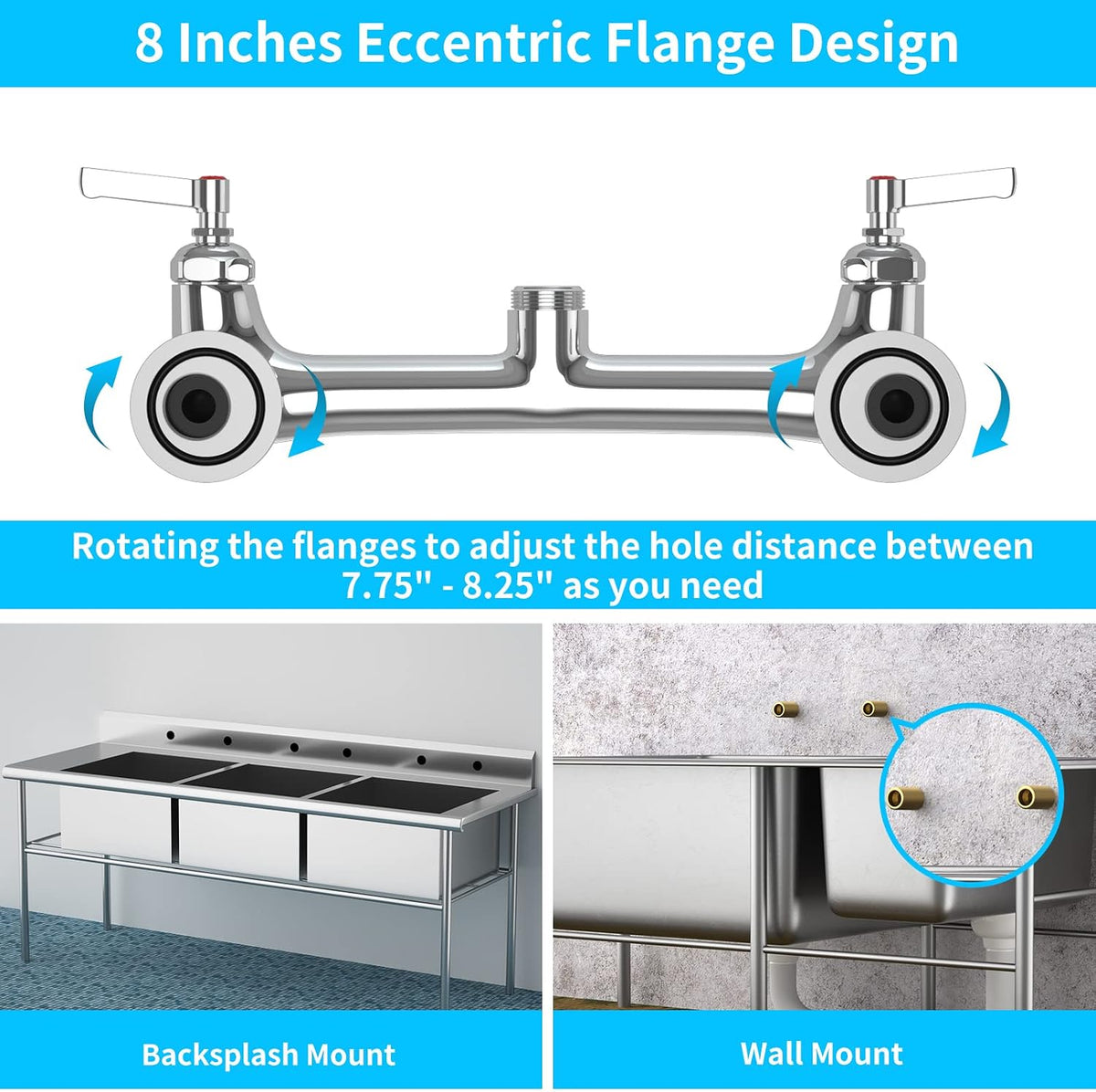 Commercial Faucet with Sprayer 8 Inch Center 25" Height Wall Mount Kitchen Sink Faucets Add On 12" Swing Spout & Pull Down Pre Rinse Sprayer for 1, 2 or 3 Compartment Sink (Polished Chrome)
