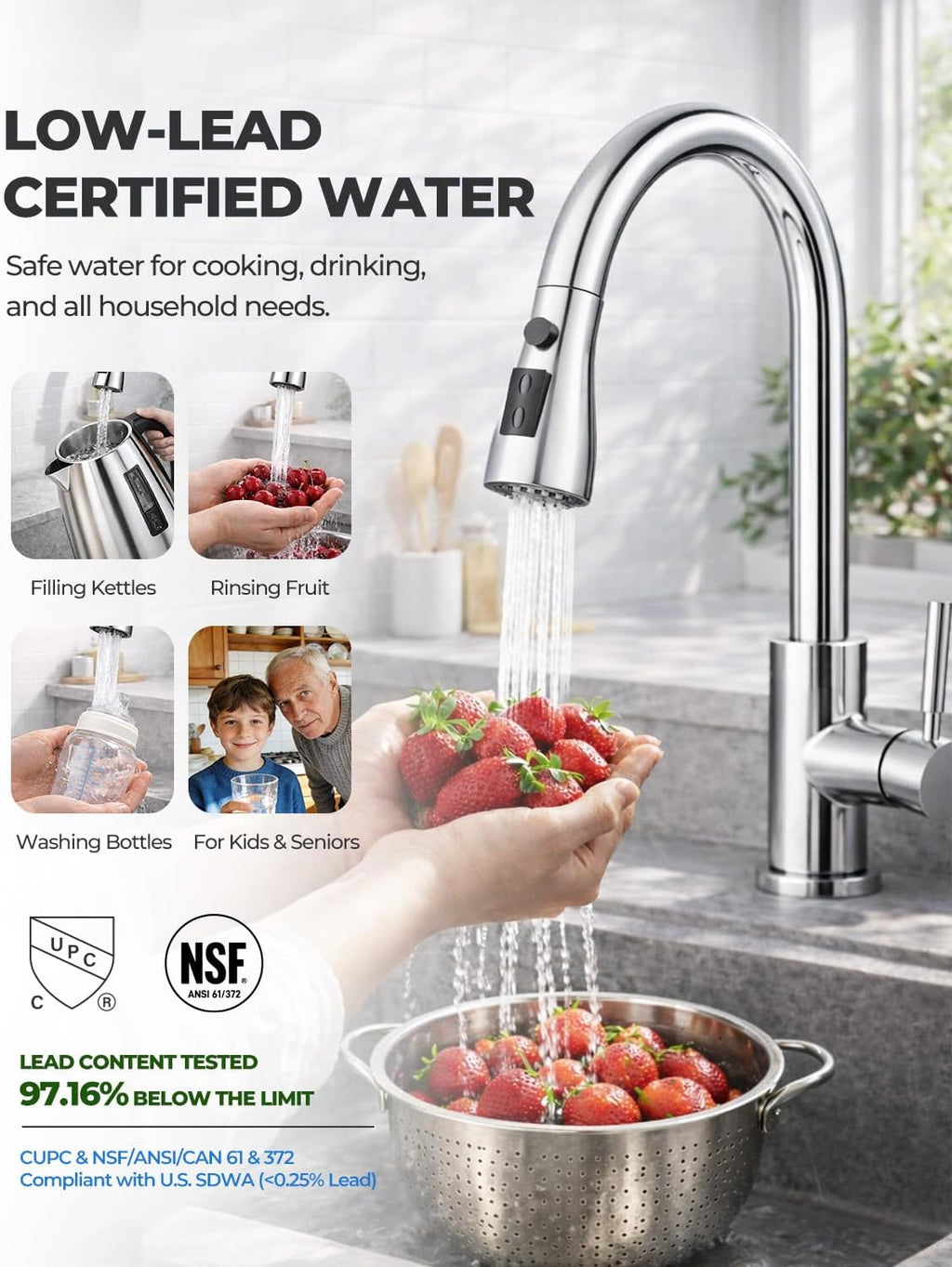 WEWE Pull-Down Kitchen Faucet with 3 Mode Sprayer, Polished Chrome