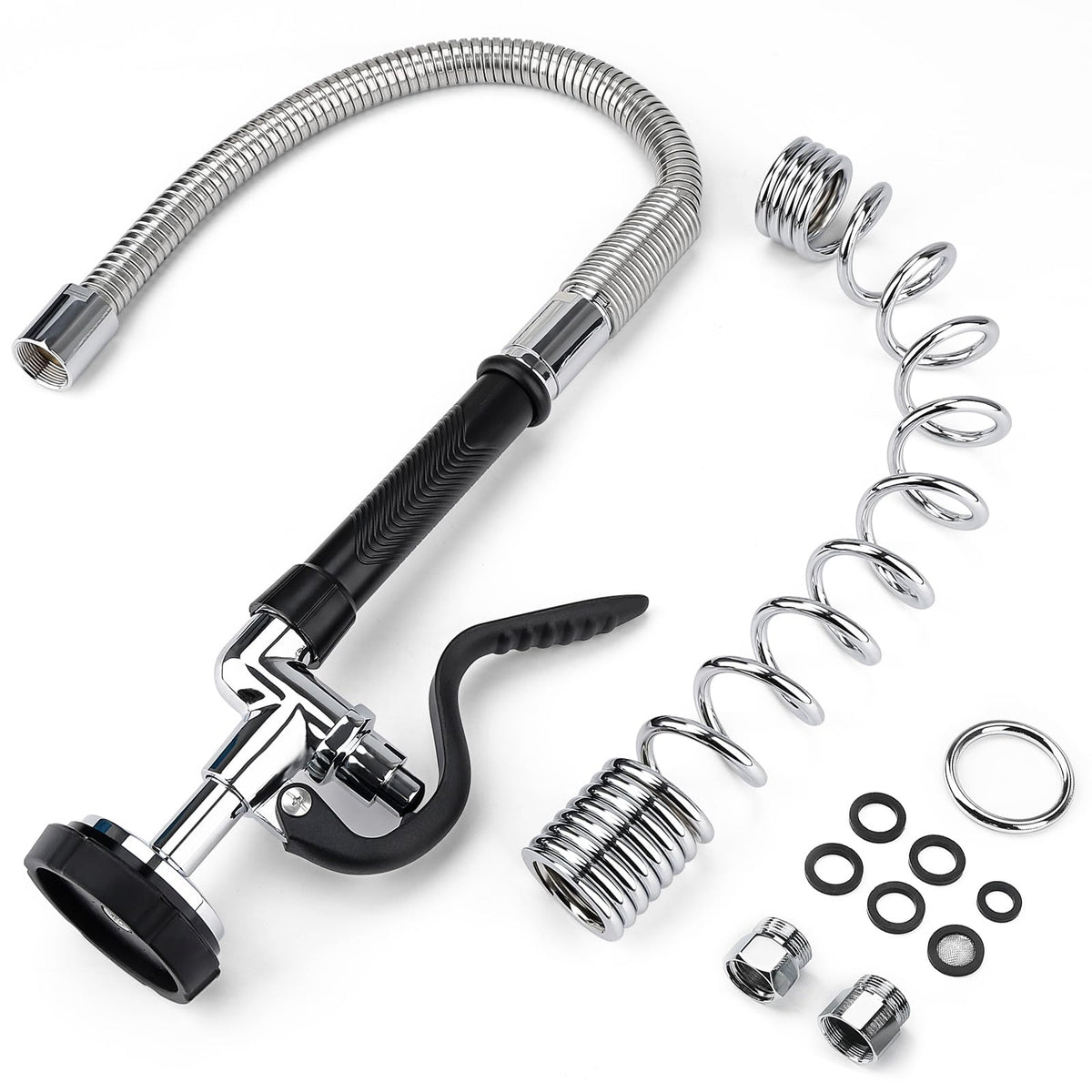 Spray Valve with 38" Flexible Stainless Steel Hose & Pre-Rinse Overhead Spring, Commercial Faucet Flexible Hose with Spray Head Replacement Kit for Commercial Restaurant Industrial Kitchen Sink Faucet