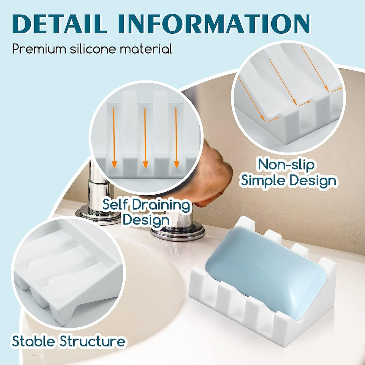 Silicone Soap Dish Self Draining with Suction Cups (White, 1 Pack)