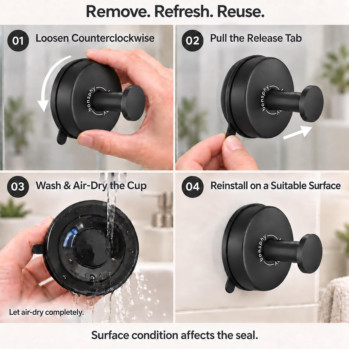 Suction Cup Shower Hooks for Bathroom, Matte Black, 2 Pack