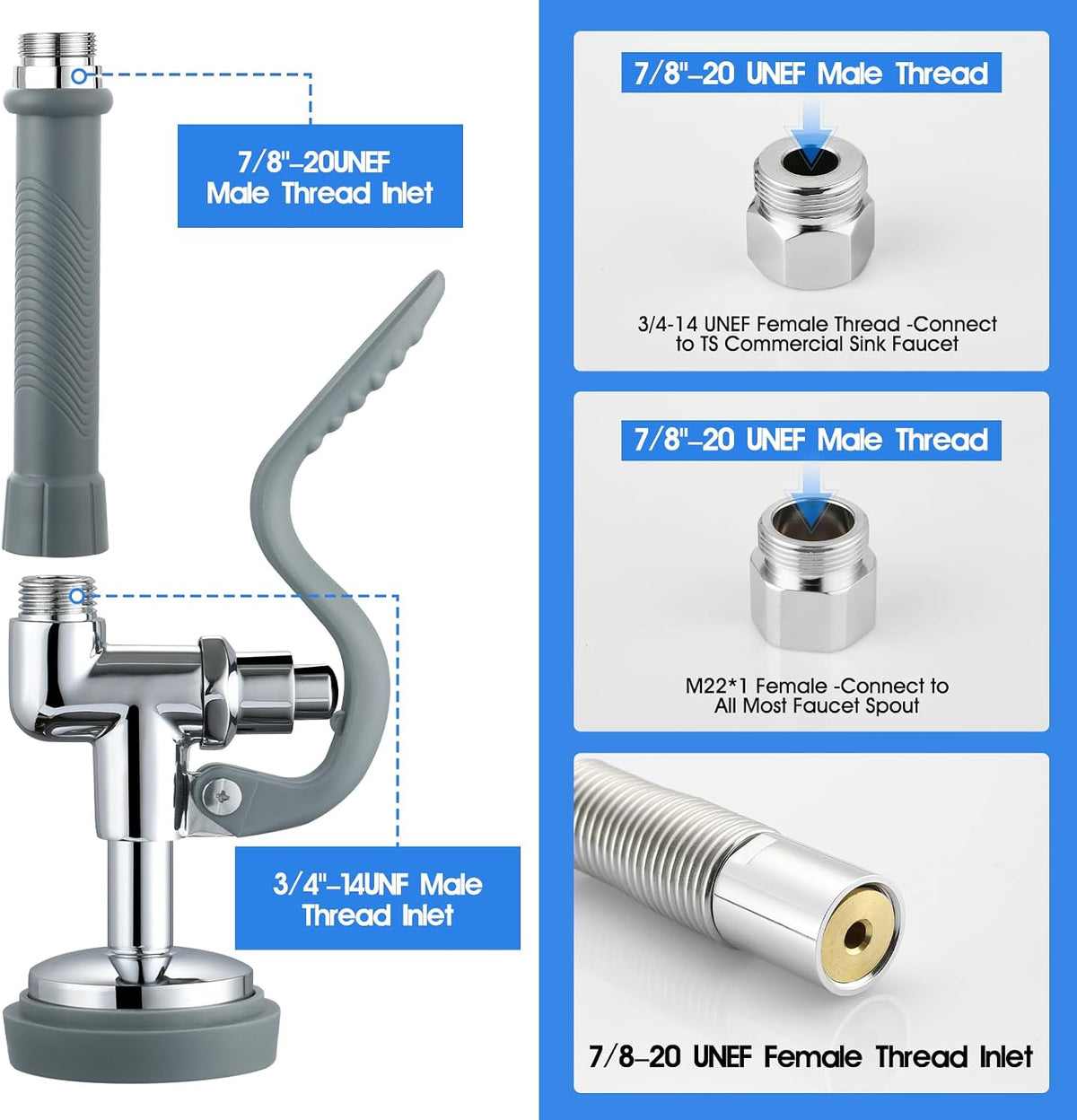 HWM Commercial Sink Sprayer with 44” Flexible Stainless Steel Pre Rinse Hose & Overhead Spring Replacement Kit for Commercial Kitchen Sink Faucets