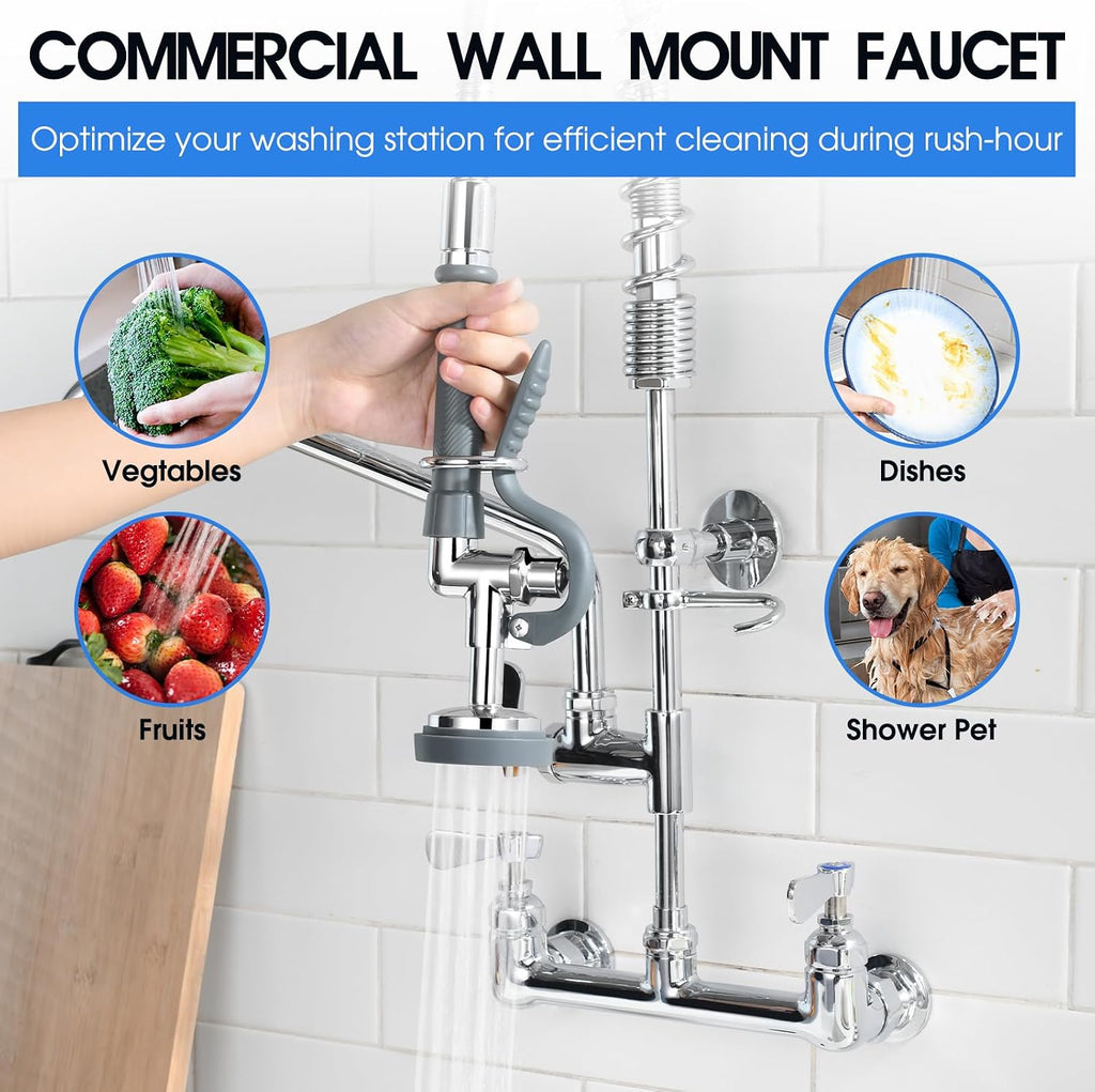 HWM Commercial Sink Sprayer with 44” Flexible Stainless Steel Pre Rinse Hose & Overhead Spring Replacement Kit for Commercial Kitchen Sink Faucets