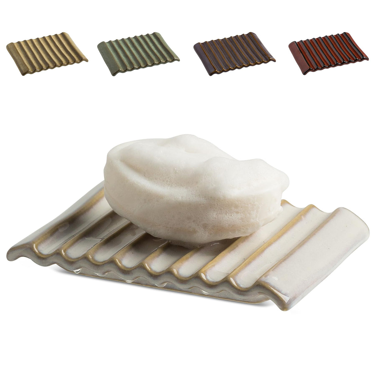 Zoeeker Self Draining Soap Dish, Ceramic Soap Holder with Waterfall Design