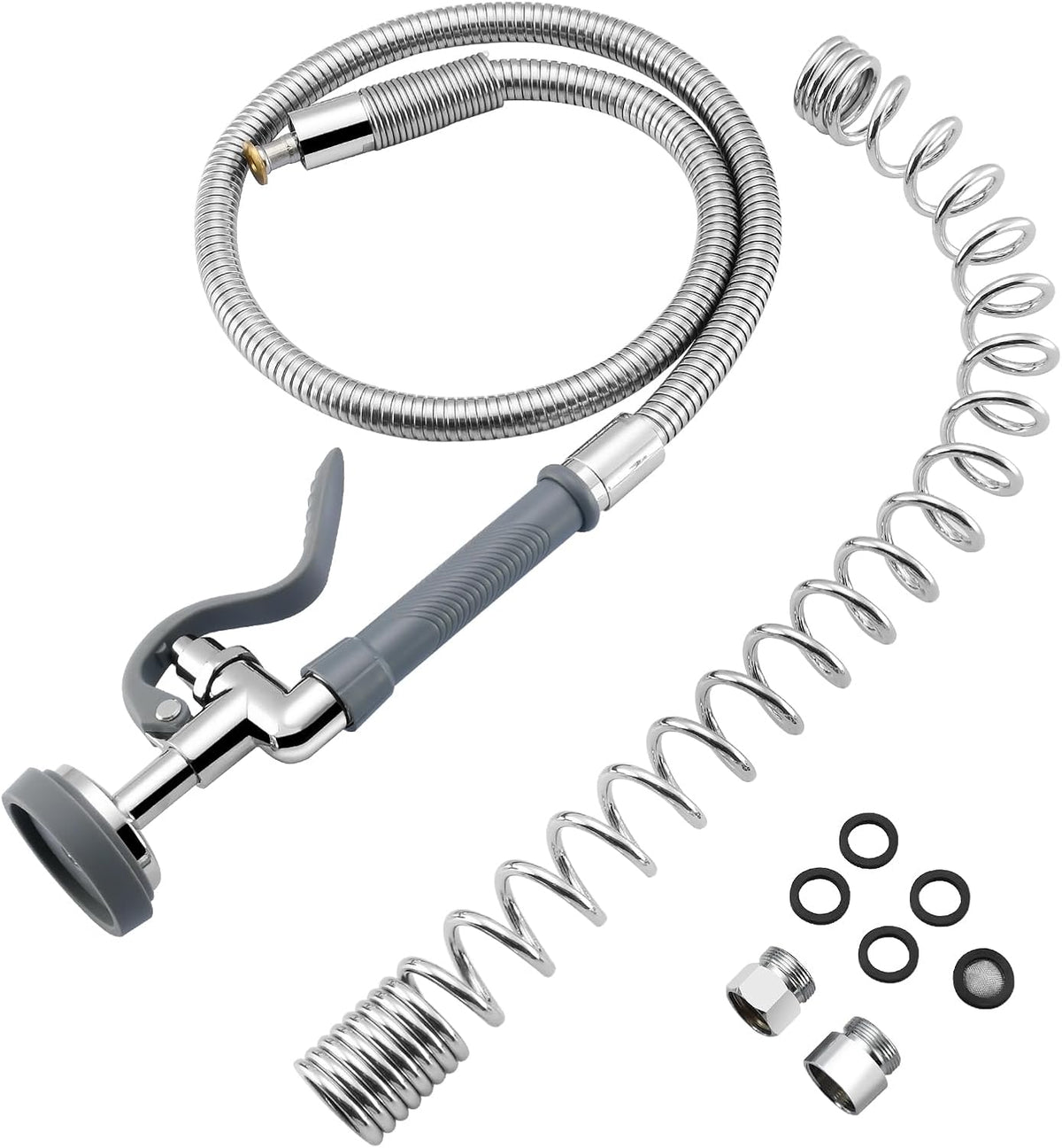 HWM Commercial Sink Sprayer with 44” Flexible Stainless Steel Pre Rinse Hose & Overhead Spring Replacement Kit for Commercial Kitchen Sink Faucets
