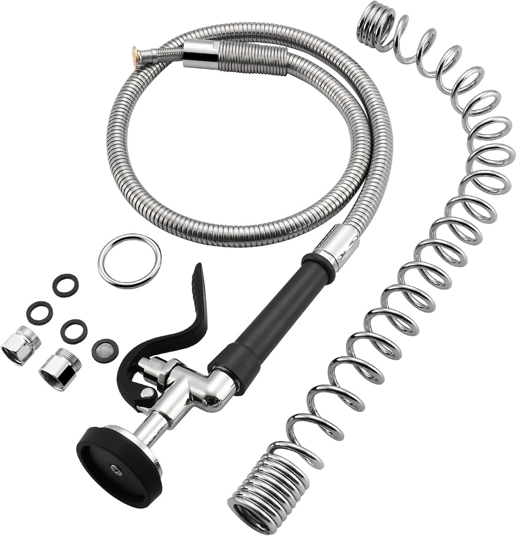 HWM Commercial Sink Sprayer with 45” Flexible Stainless Steel Pre Rinse Hose & Overhead Spring Replacement Kit for Commercial Kitchen Sink Faucets