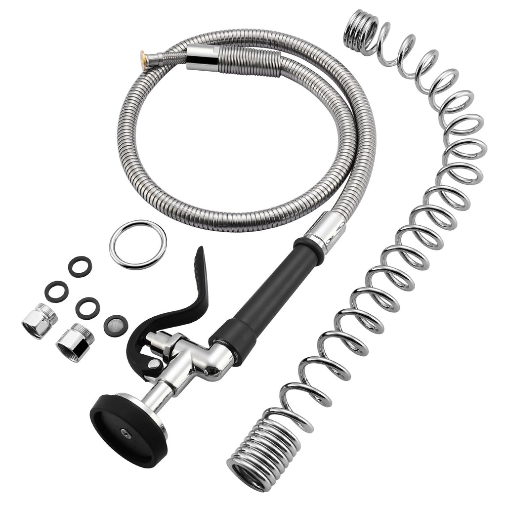 HWM Commercial Sink Sprayer with 45” Flexible Stainless Steel Pre Rinse Hose & Overhead Spring Replacement Kit for Commercial Kitchen Sink Faucets