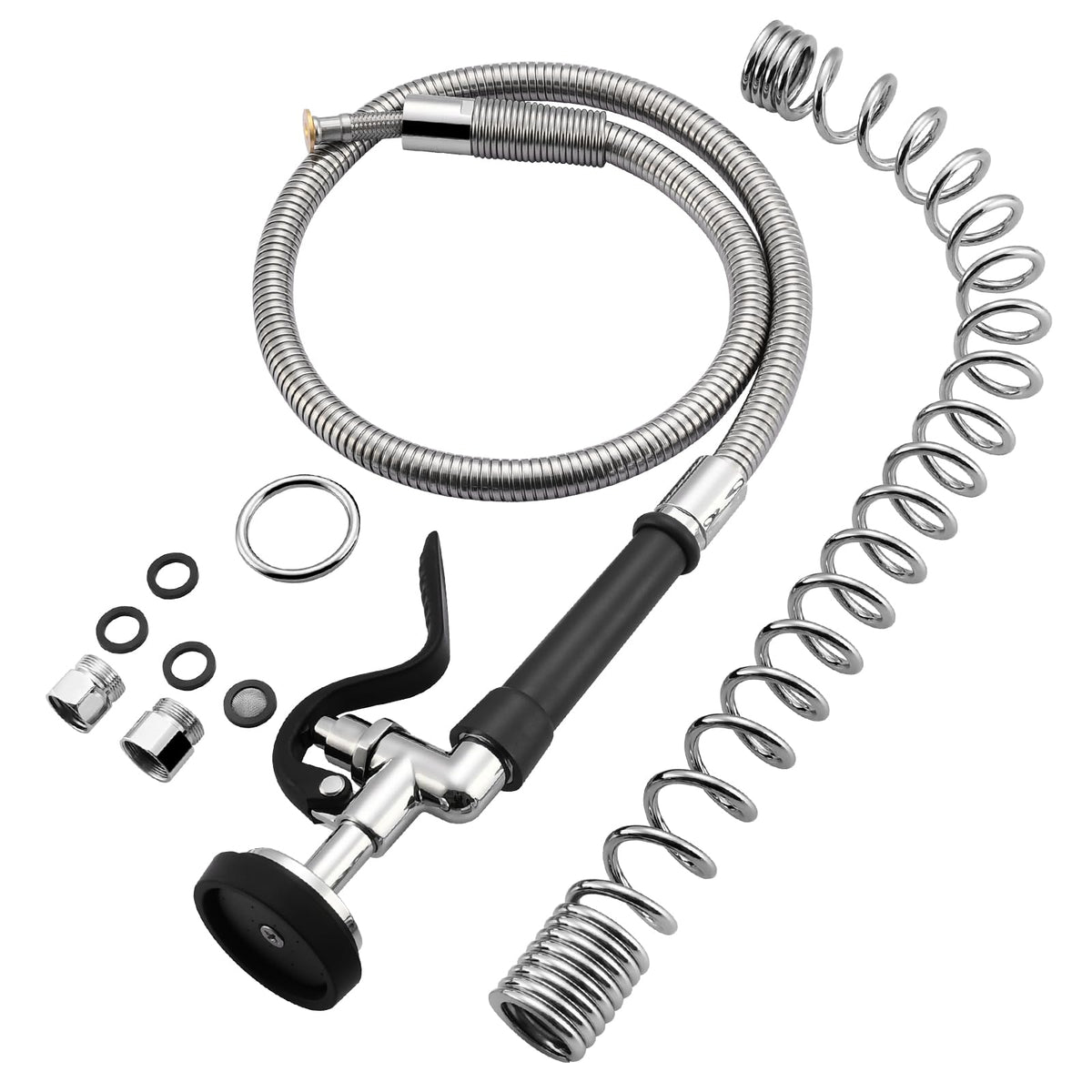 HWM Commercial Sink Sprayer with 45” Flexible Stainless Steel Pre Rinse Hose & Overhead Spring Replacement Kit for Commercial Kitchen Sink Faucets