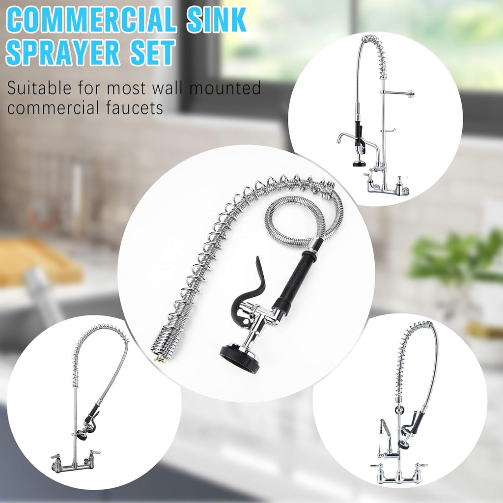 Spray Valve with 38" Flexible Stainless Steel Hose & Pre-Rinse Overhead Spring, Commercial Faucet Flexible Hose with Spray Head Replacement Kit for Commercial Restaurant Industrial Kitchen Sink Faucet