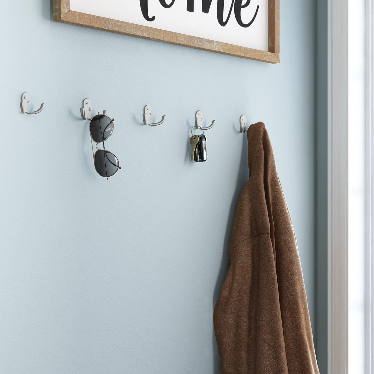 Franklin Brass (5-Pack) Double Wall Hooks 2-Prong Coat/Hat Matte Nickel Hooks for Hanging Wall Mount Hanger Clothes, Purse, Bag, Towel Organization Decorative Wall Hooks FBDPRH5-MN-C