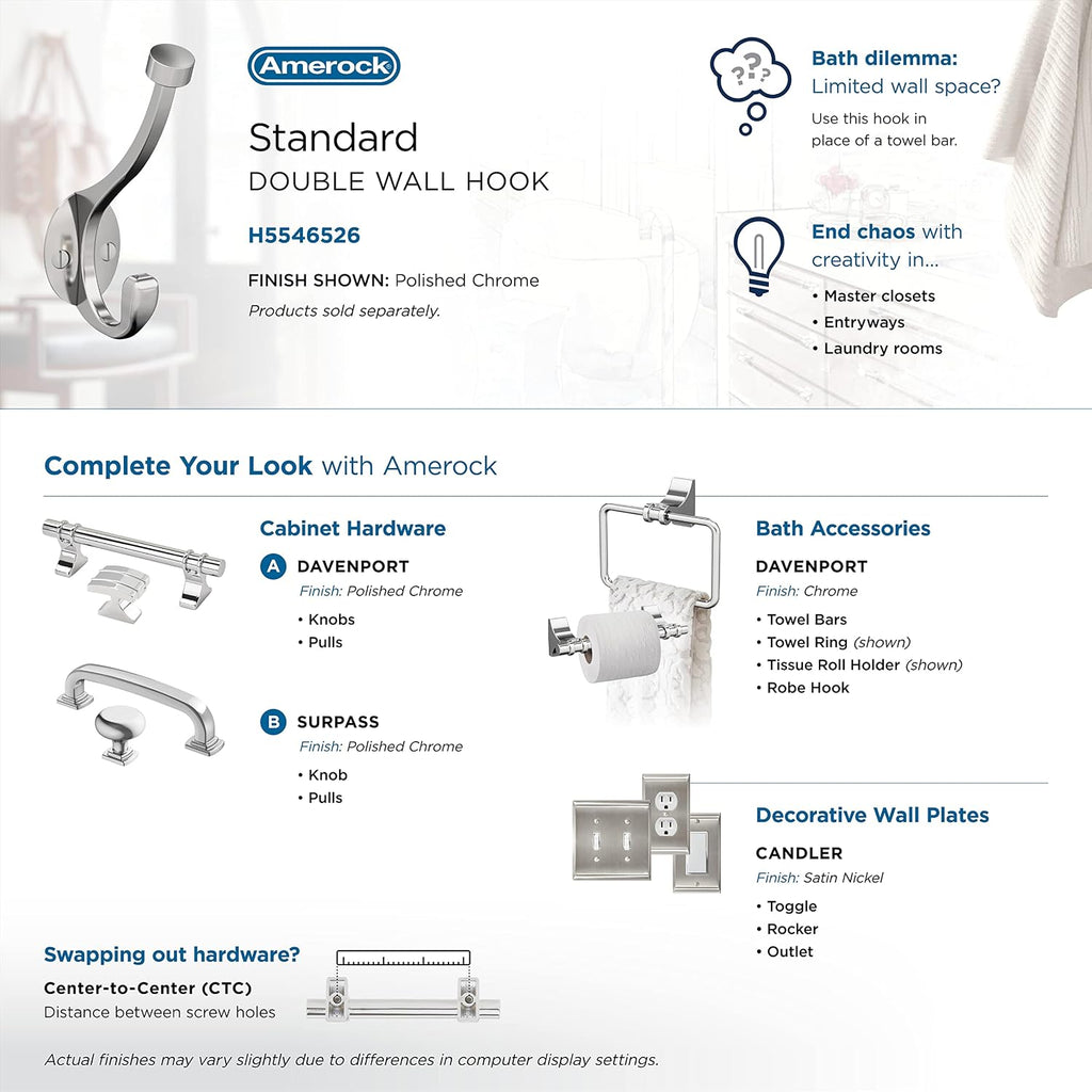 Amerock Adare Double Prong Polished Chrome Wall-Mounted Hook