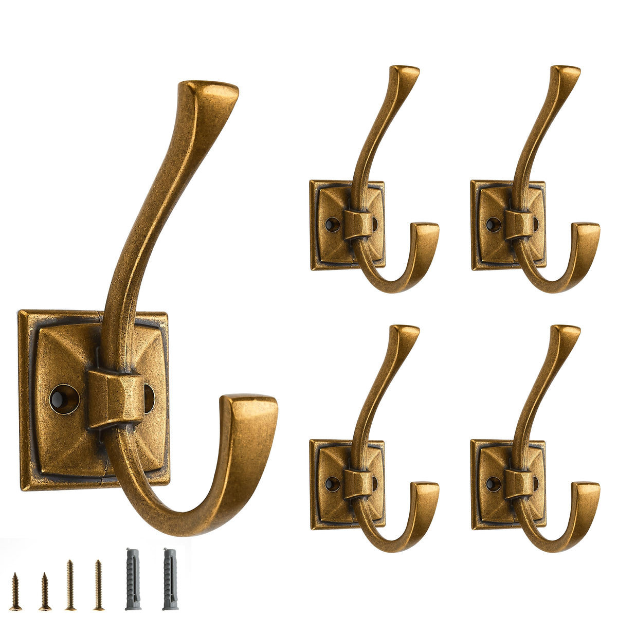 5 Pack Decorative Heavy Duty Towel Hooks for Hanging Robe Double Oil Rubbed Bronze Coat Hooks Wall Mounted with Screws for Key, Towel, Bags, Cup, Hat