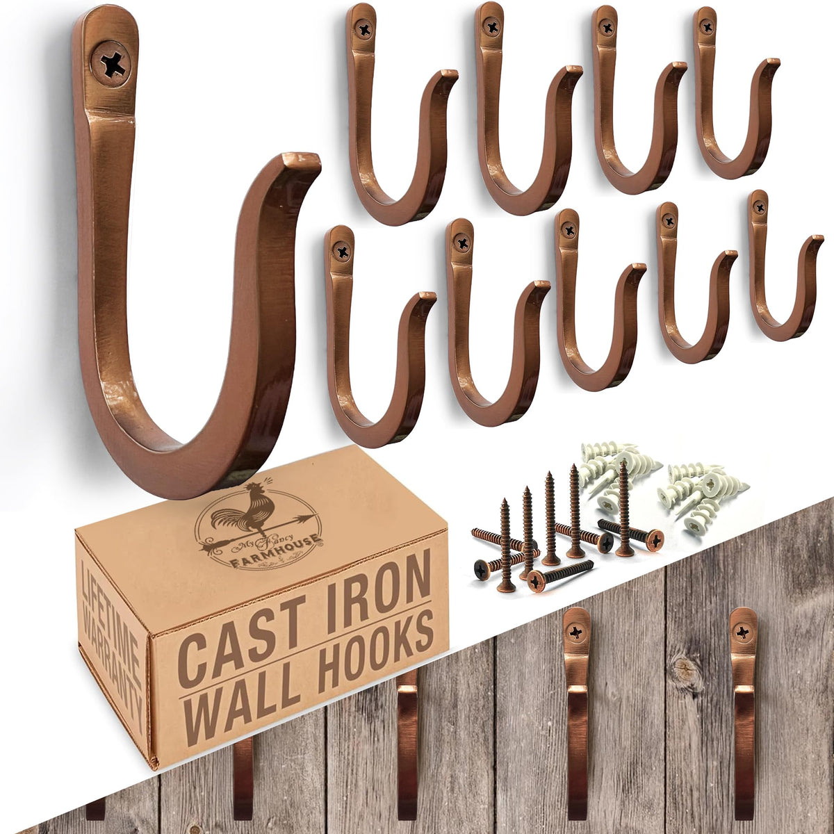 Railroad Spike Cast Iron Hooks (10 Pack) Handmade Blacksmith, Wall Mounted Farmhouse Decorative Hooks, PowderCoated for Interior or Exterior Use, Rust Proof for Hanging Coats, Bags or Pots (Black)