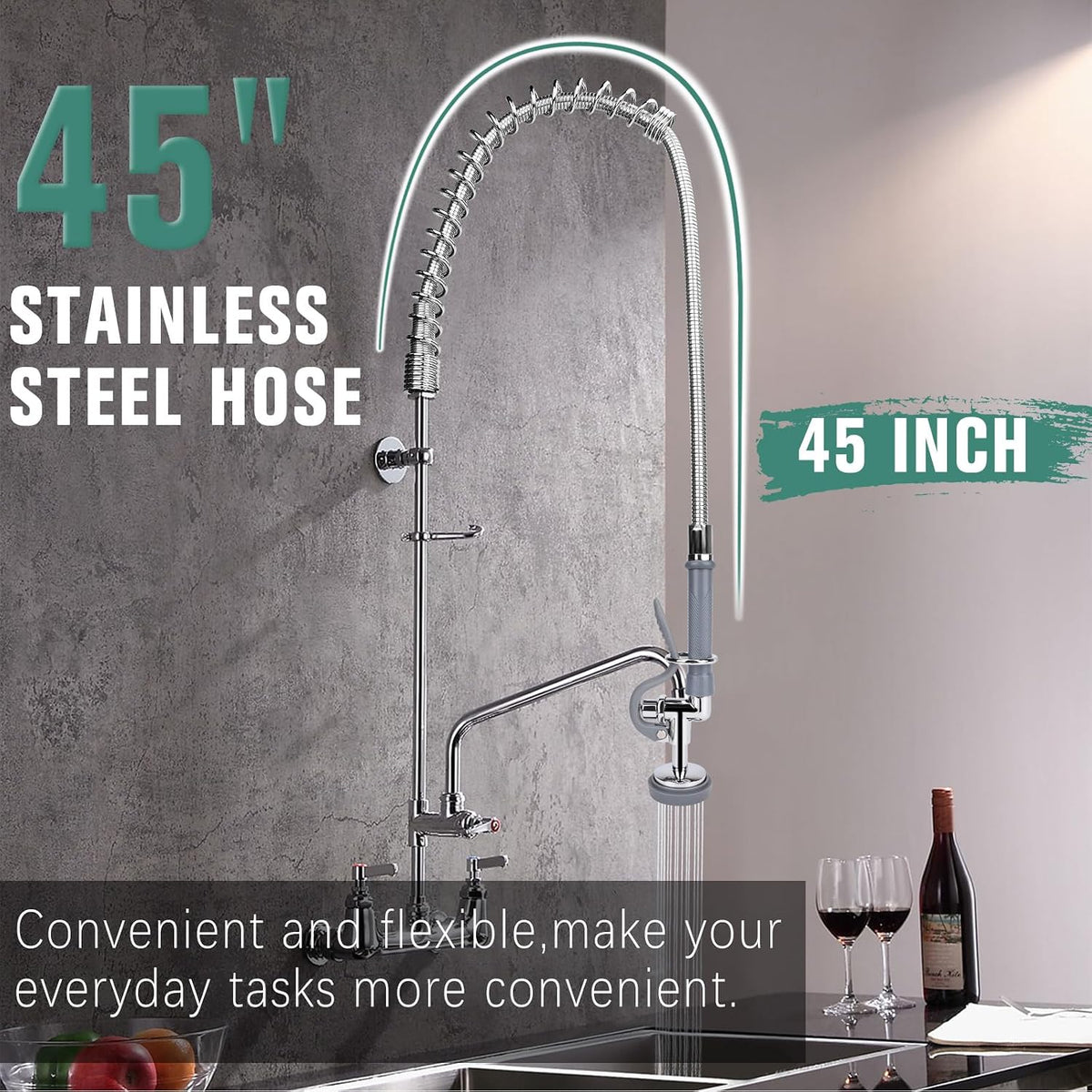 Pre Rinse Spray Valve with 45" Flexible Pre Rinse Hose,Non-Slip Commercial Sink Sprayer with Flexible Stainless Steel Hose, Replacement for Commercial Kitchen Sink Faucet,Grey